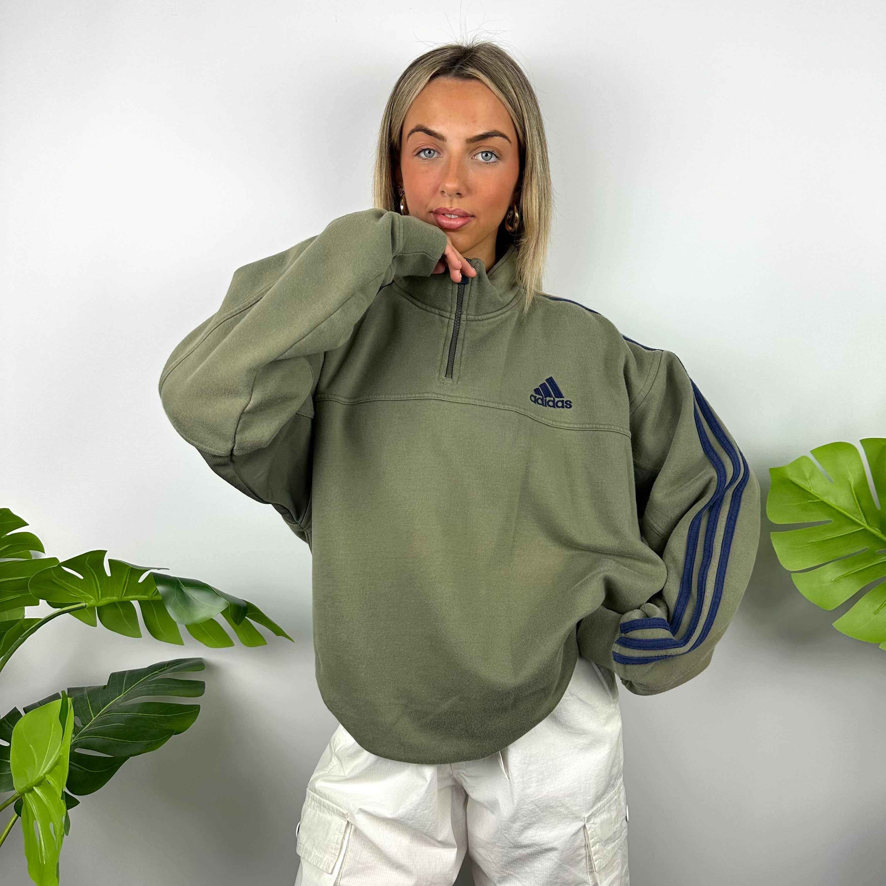 Adidas Khaki Green Embroidered Spell Out Quarter Zip Sweatshirt (XL)