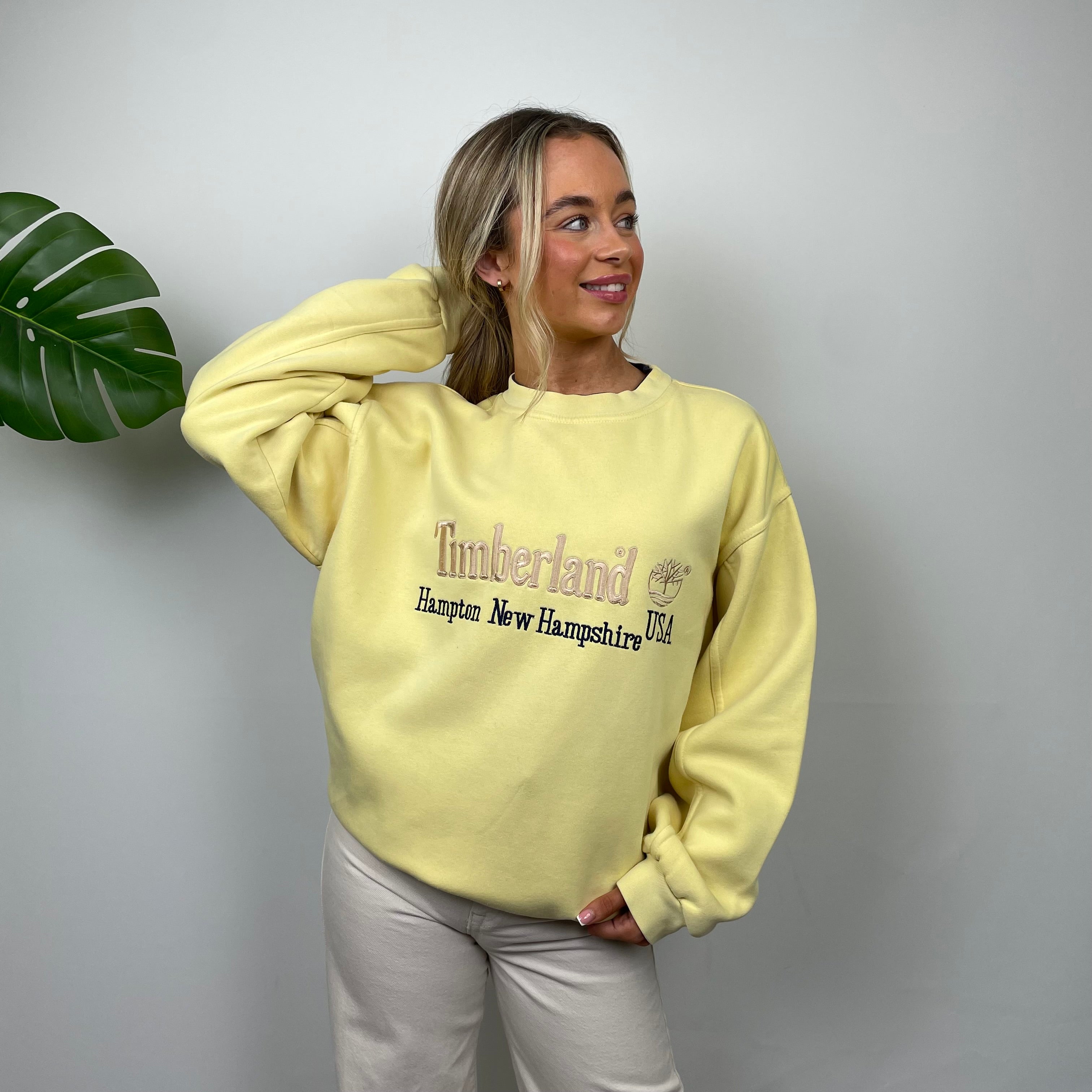 Timberland RARE Pastel Yellow Embroidered Spell Out Sweatshirt (XL)