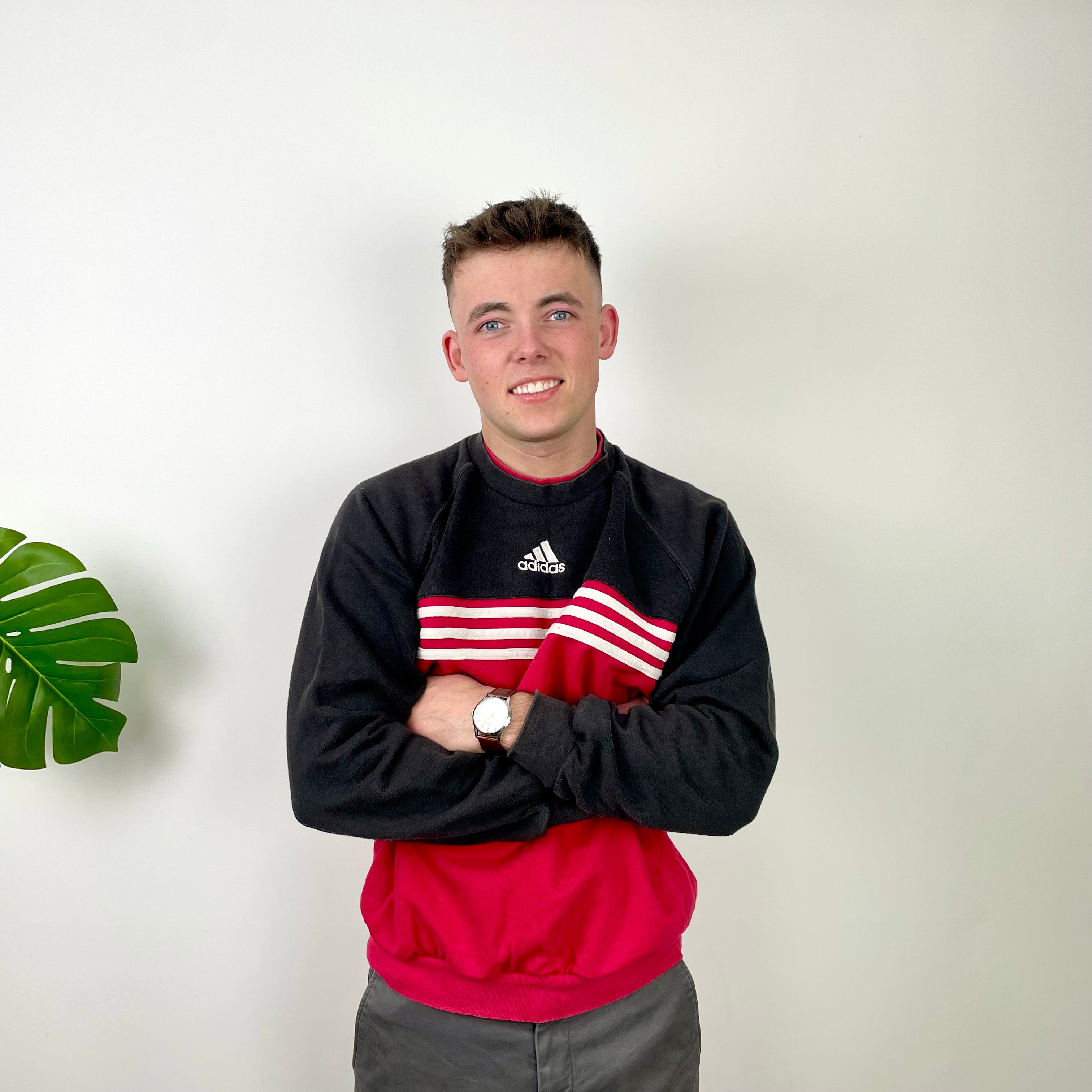 Adidas Red & Black Embroidered Spell Out Colour Block Sweatshirt (L)