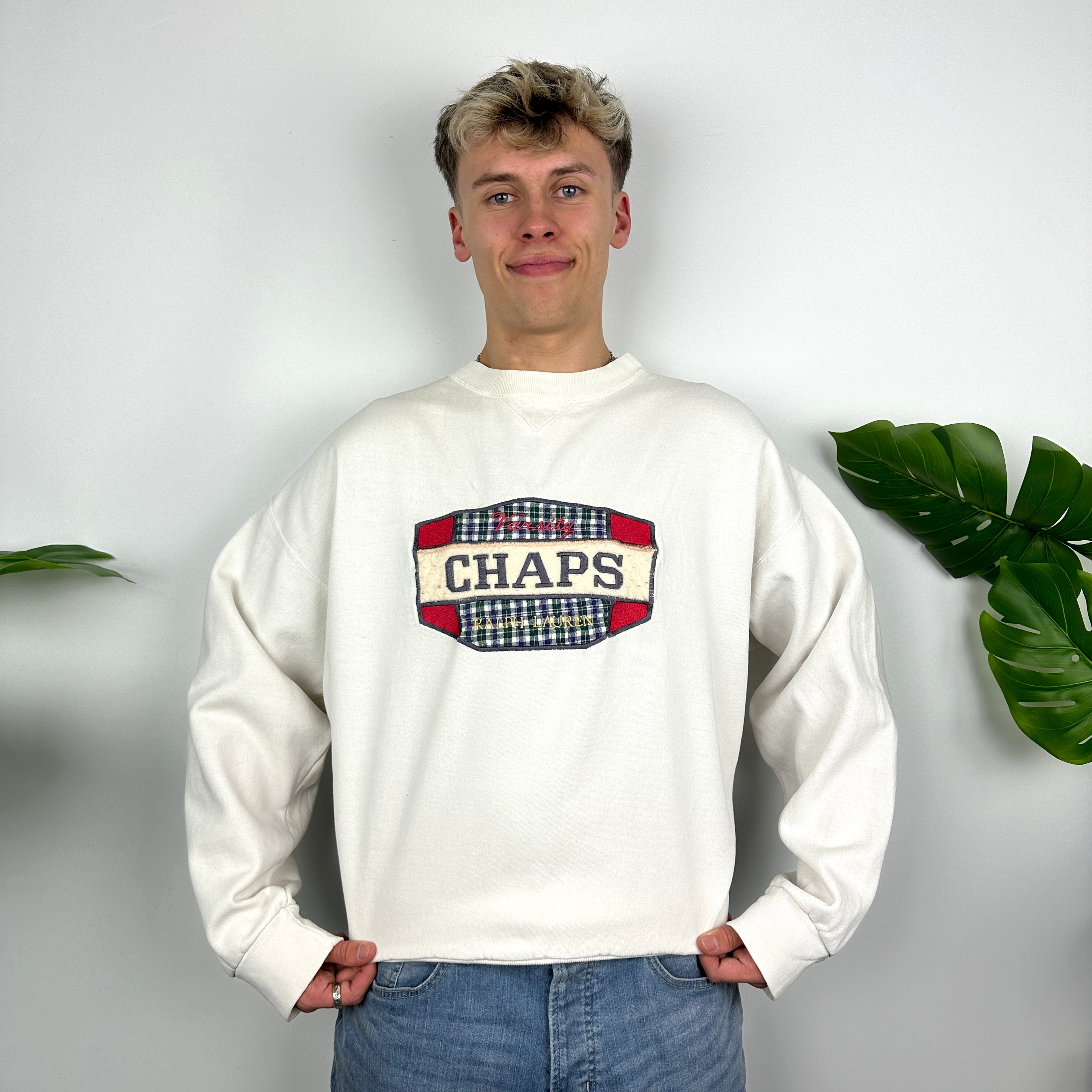 Chaps Ralph Lauren White Embroidered Spell Out Sweatshirt (M)