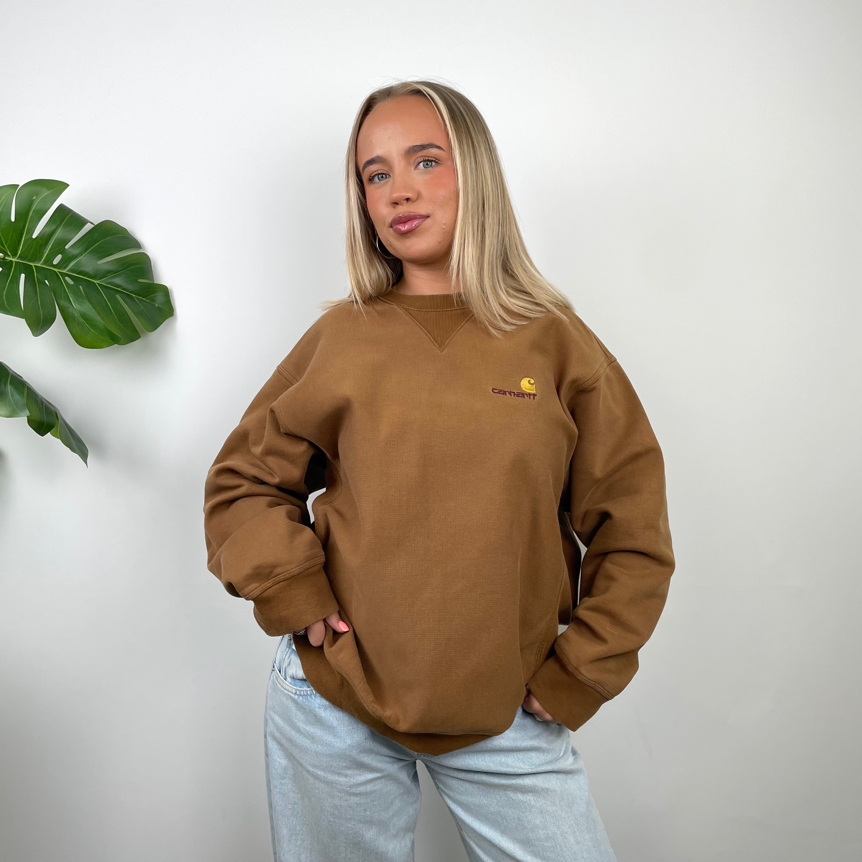 Carhartt RARE Tan Brown Embroidered Spell Out Sweatshirt (L)