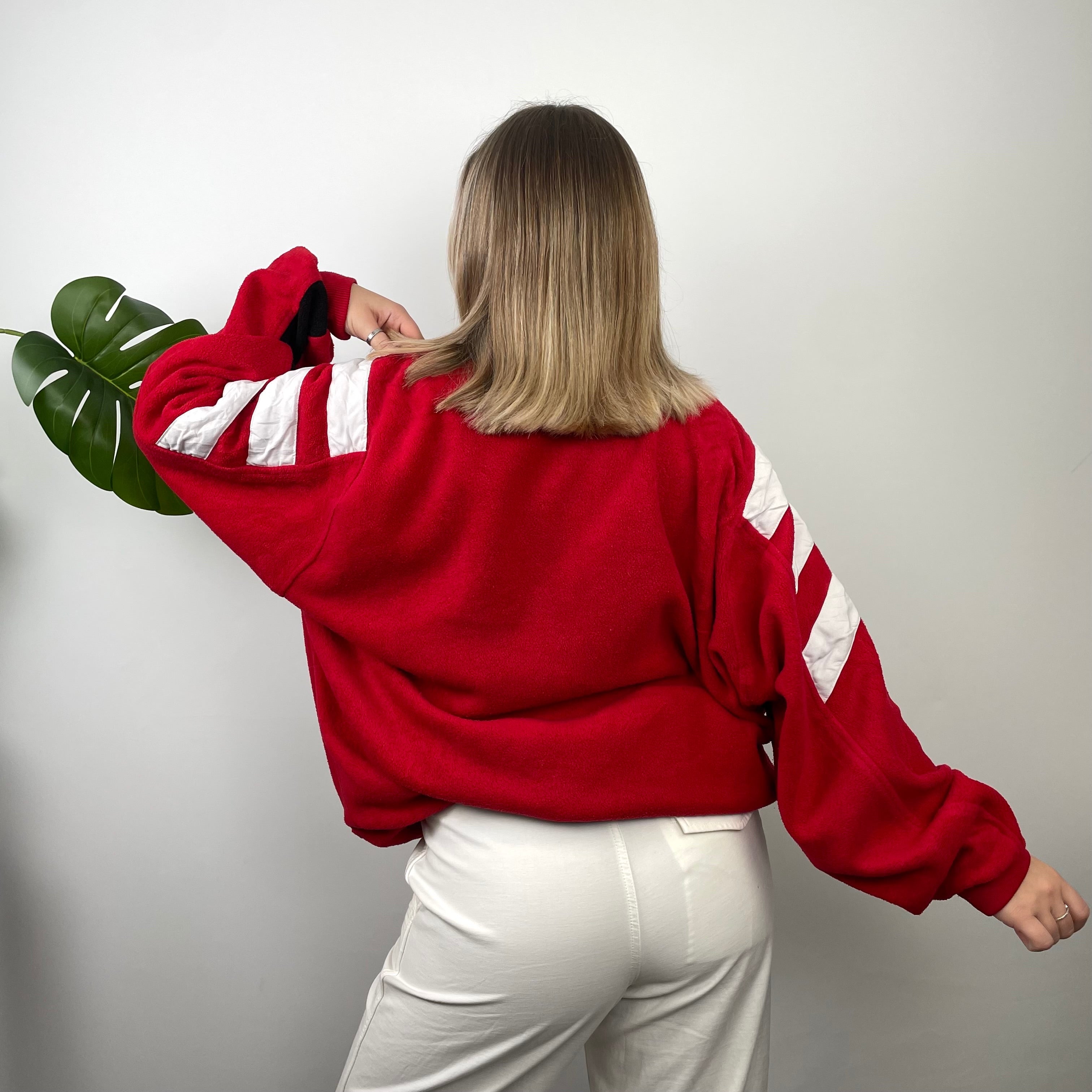 Adidas Red Colour Block Embroidered Spell Out Teddy Bear Fleece Quarter Zip Sweatshirt (L)