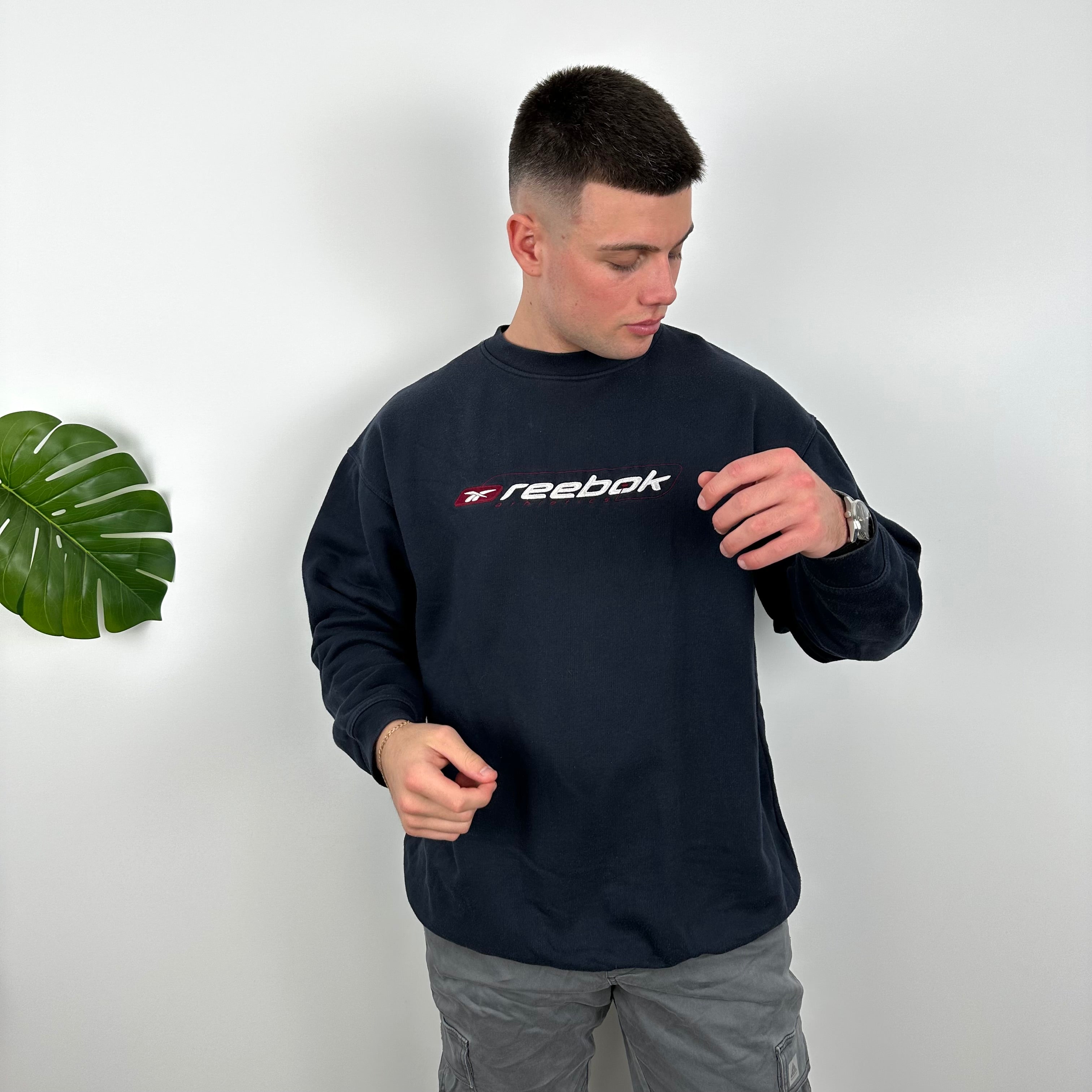 Reebok RARE Navy Embroidered Spell Out Sweatshirt (L)