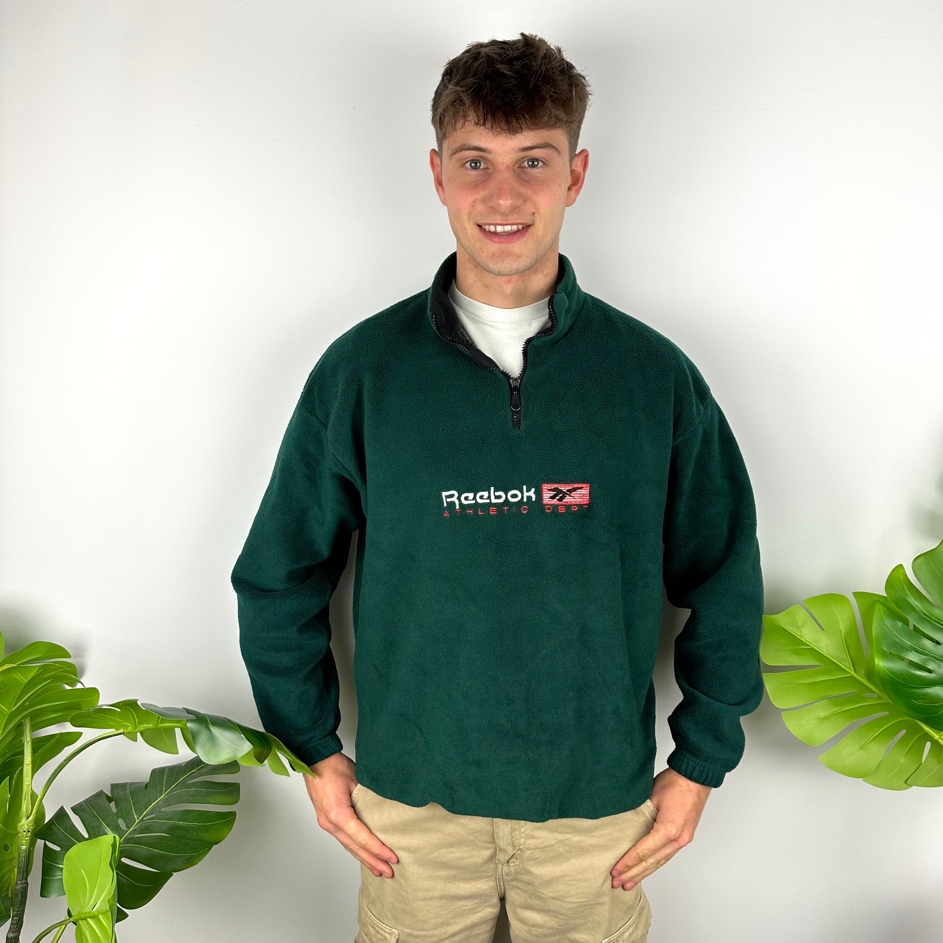 Reebok Green Embroidered Spell Out Teddy Bear Fleece Quarter Zip Sweatshirt (L)