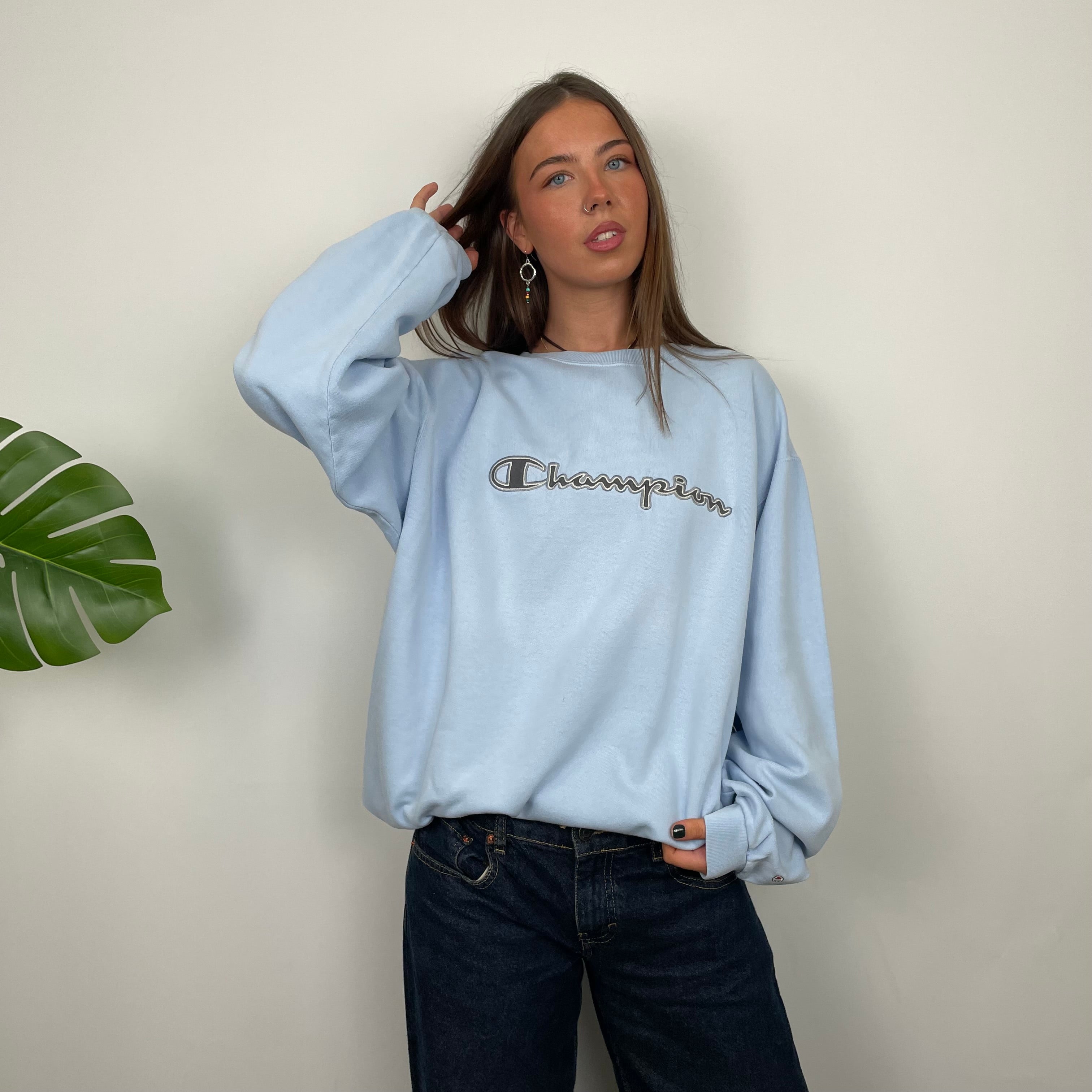 Champion Baby Blue Embroidered Spell Out Sweatshirt (M)