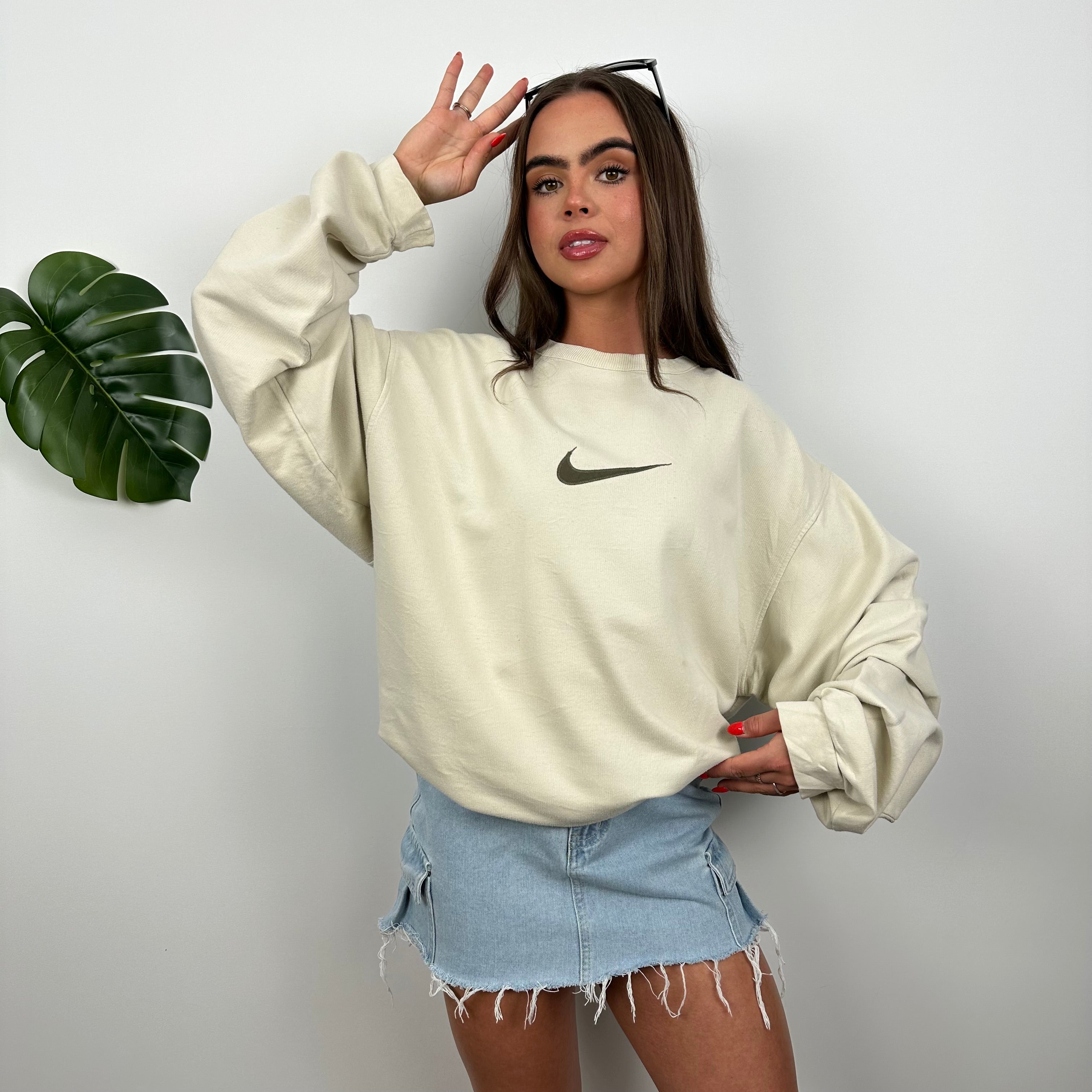 Nike Cream Embroidered Swoosh Sweatshirt (XL)