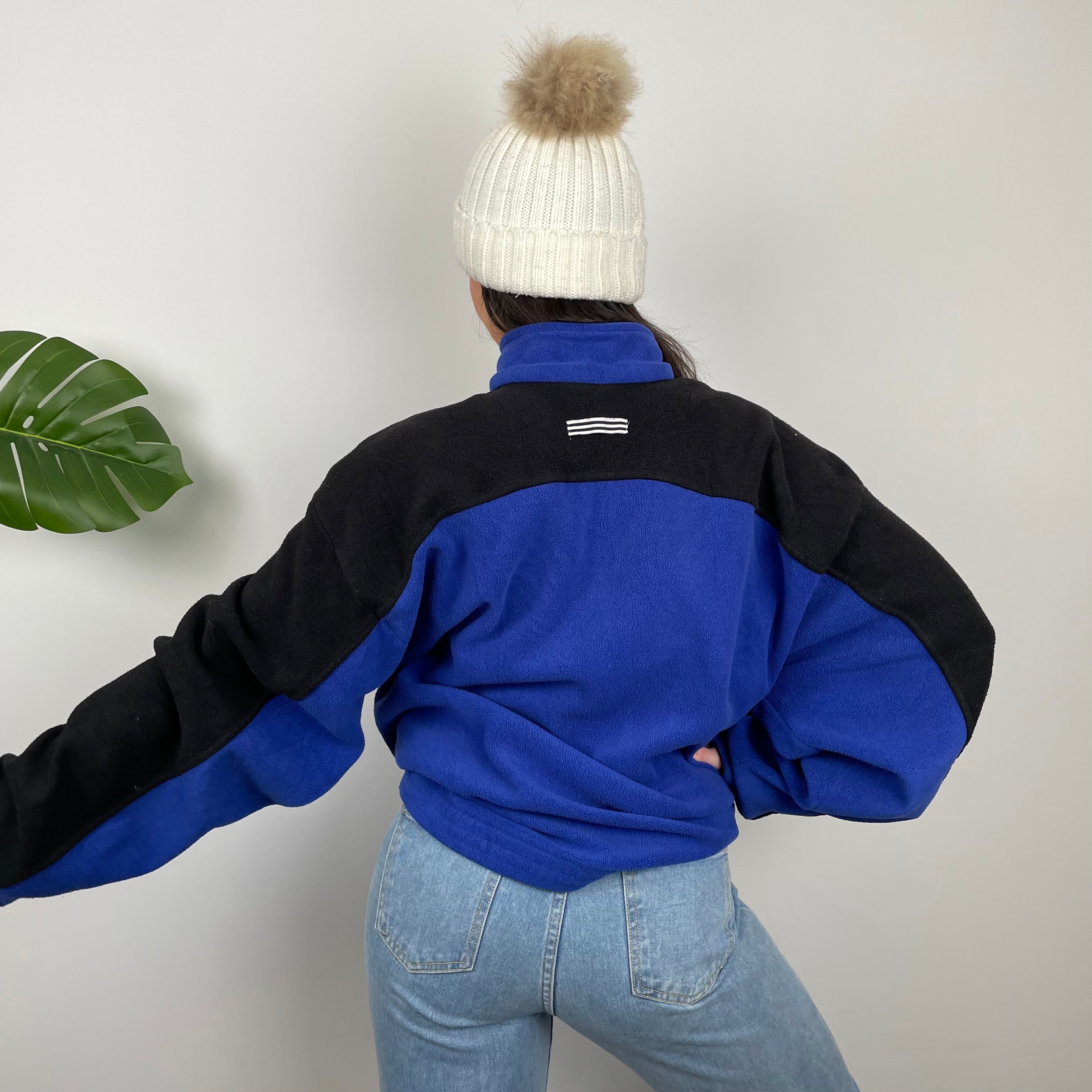 Adidas Blue Colour Block Embroidered Spell Out Teddy Bear Fleece Quarter Zip Sweatshirt (L)