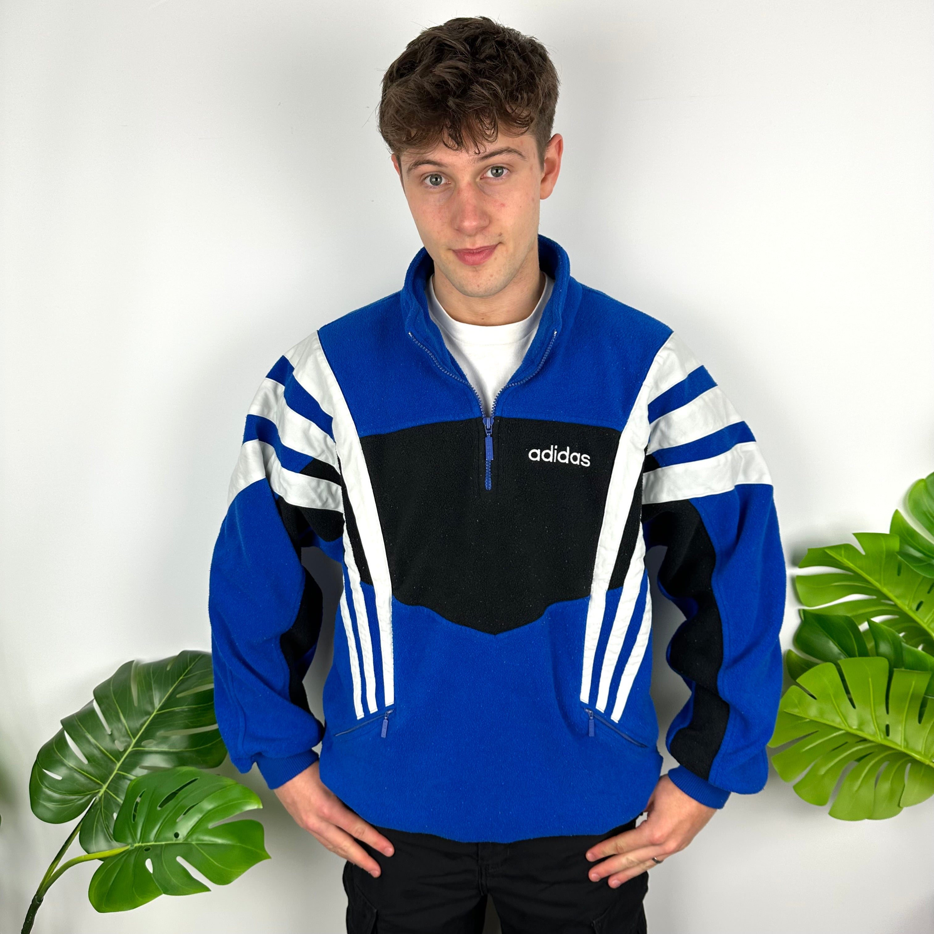 Adidas Blue Colour Block Embroidered Spell Out Teddy Bear Fleece Quarter Zip Sweatshirt (L)