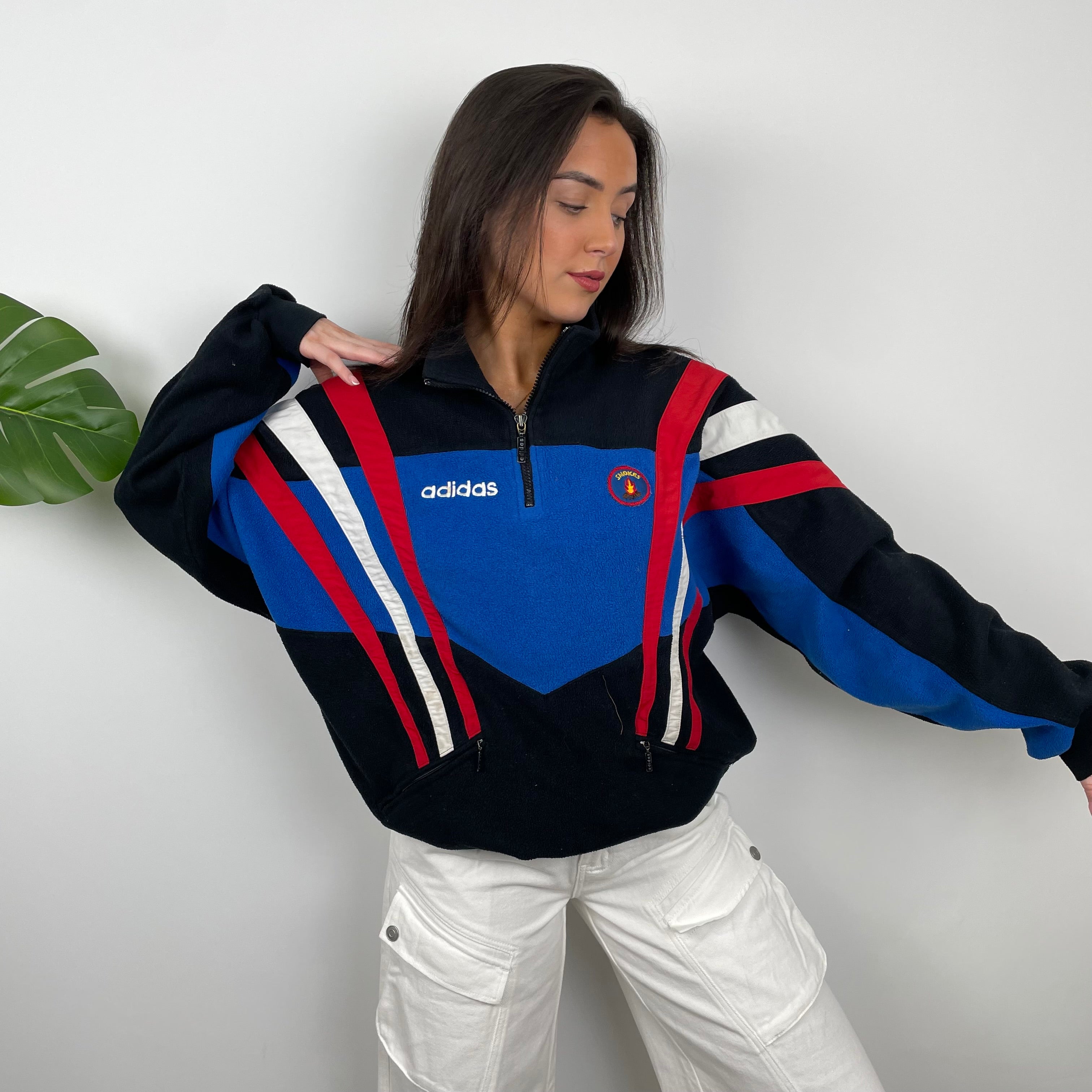 Adidas Blue RARE Colour Block Embroidered Spell Out Teddy Bear Fleece Quarter Zip Sweatshirt (L)
