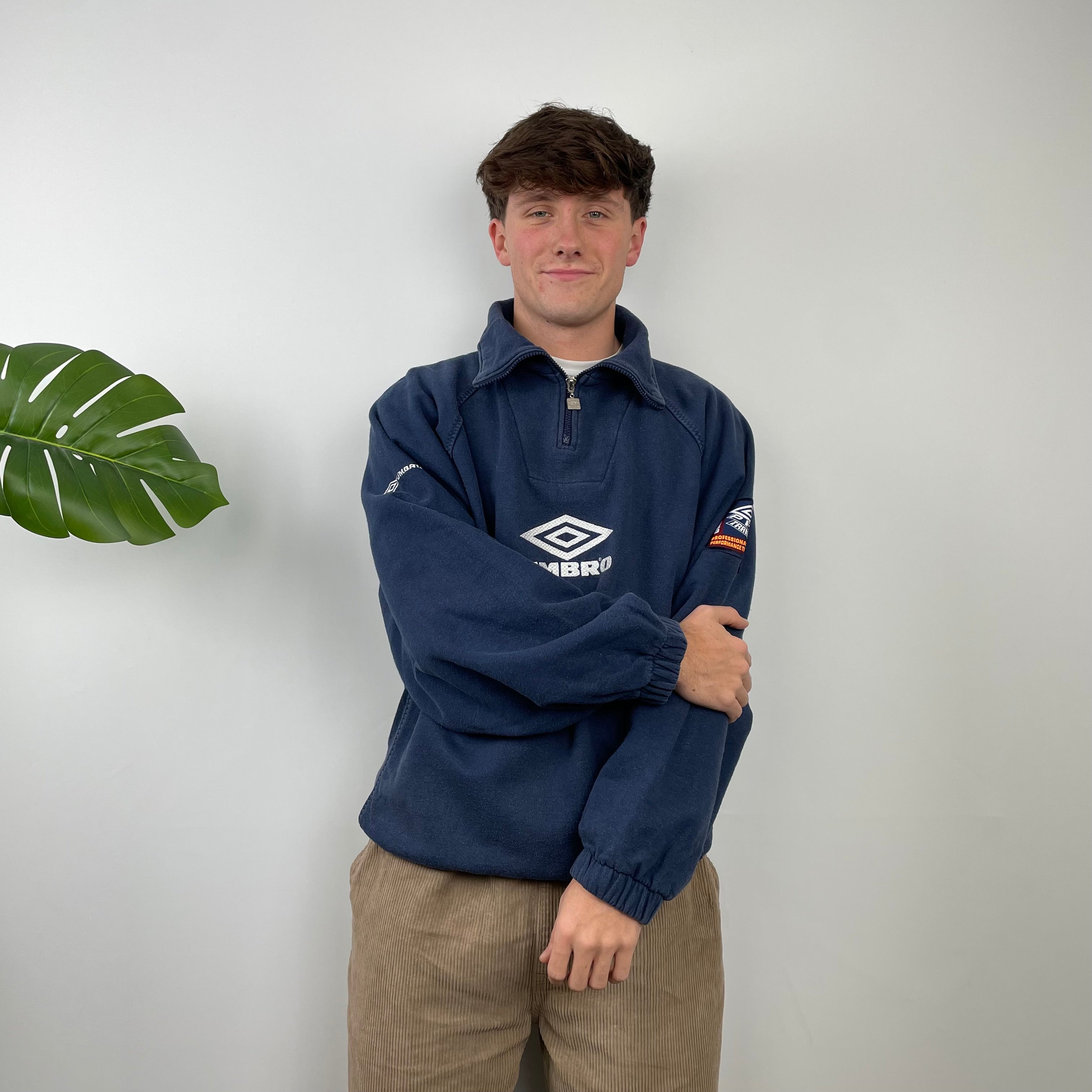 Umbro RARE Navy Embroidered Spell Out Quarter Zip Sweatshirt (L)