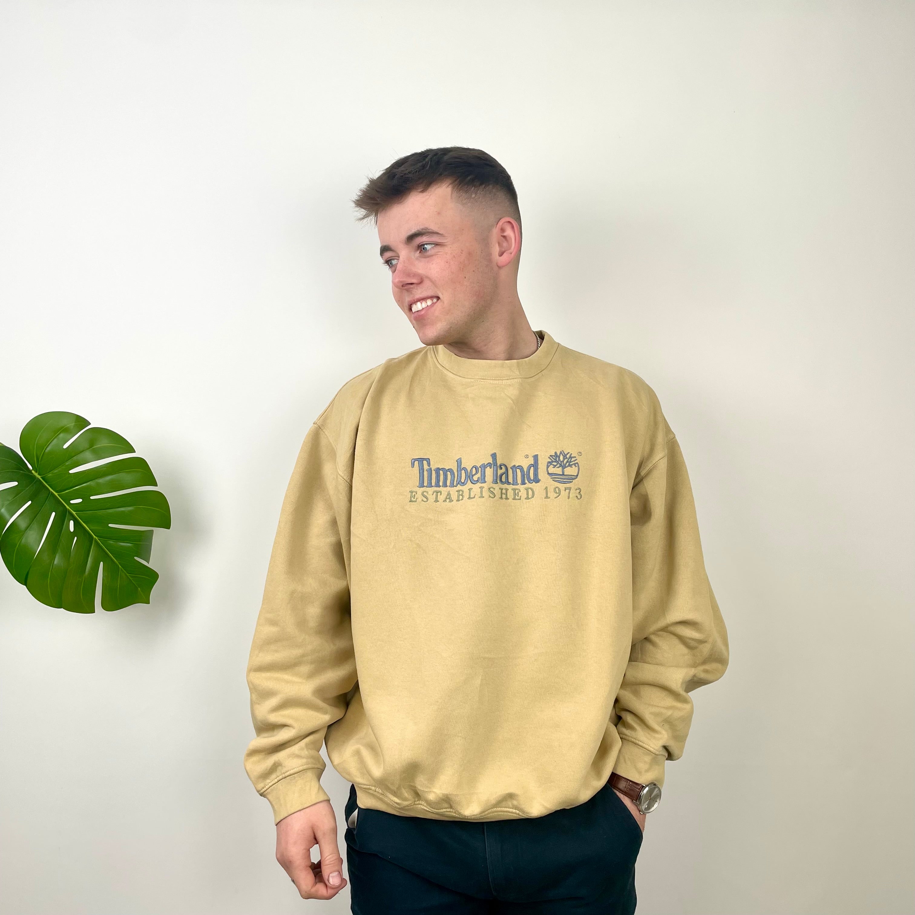 Timberland RARE Beige Embroidered Spell Out Sweatshirt (L)