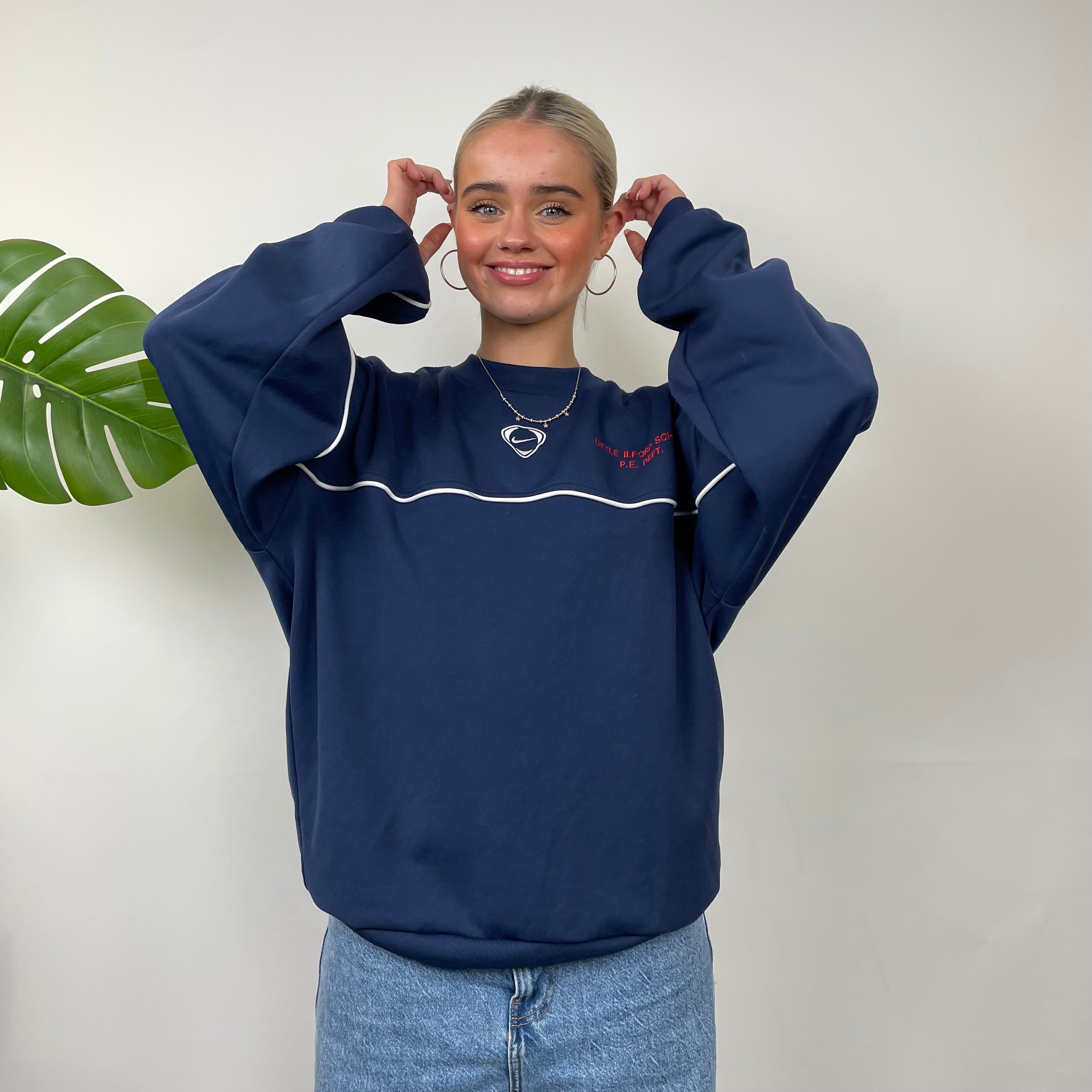 Nike RARE Navy Embroidered Swoosh Sweatshirt (M)