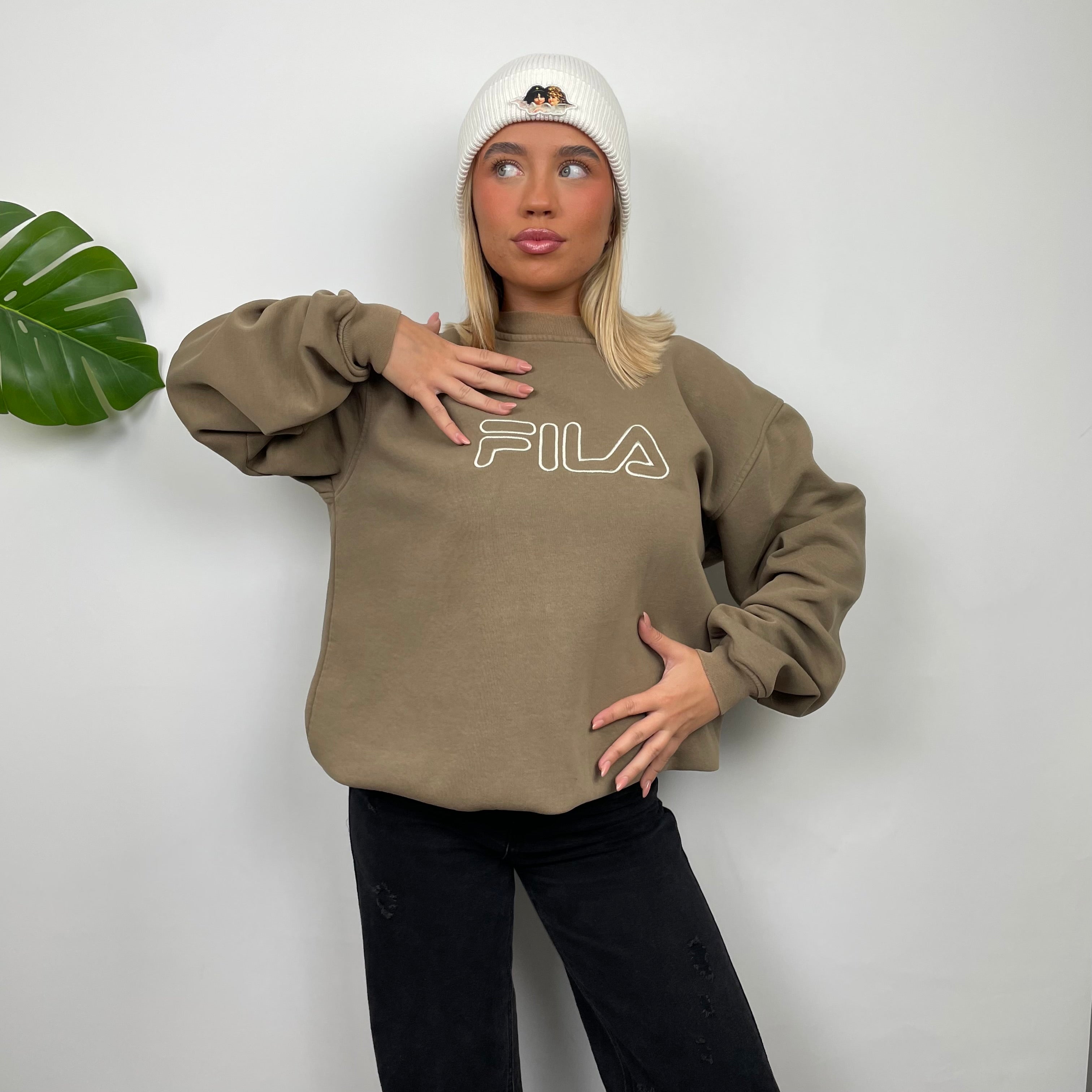 FILA Tan Brown Embroidered Spell Out Sweatshirt (L)