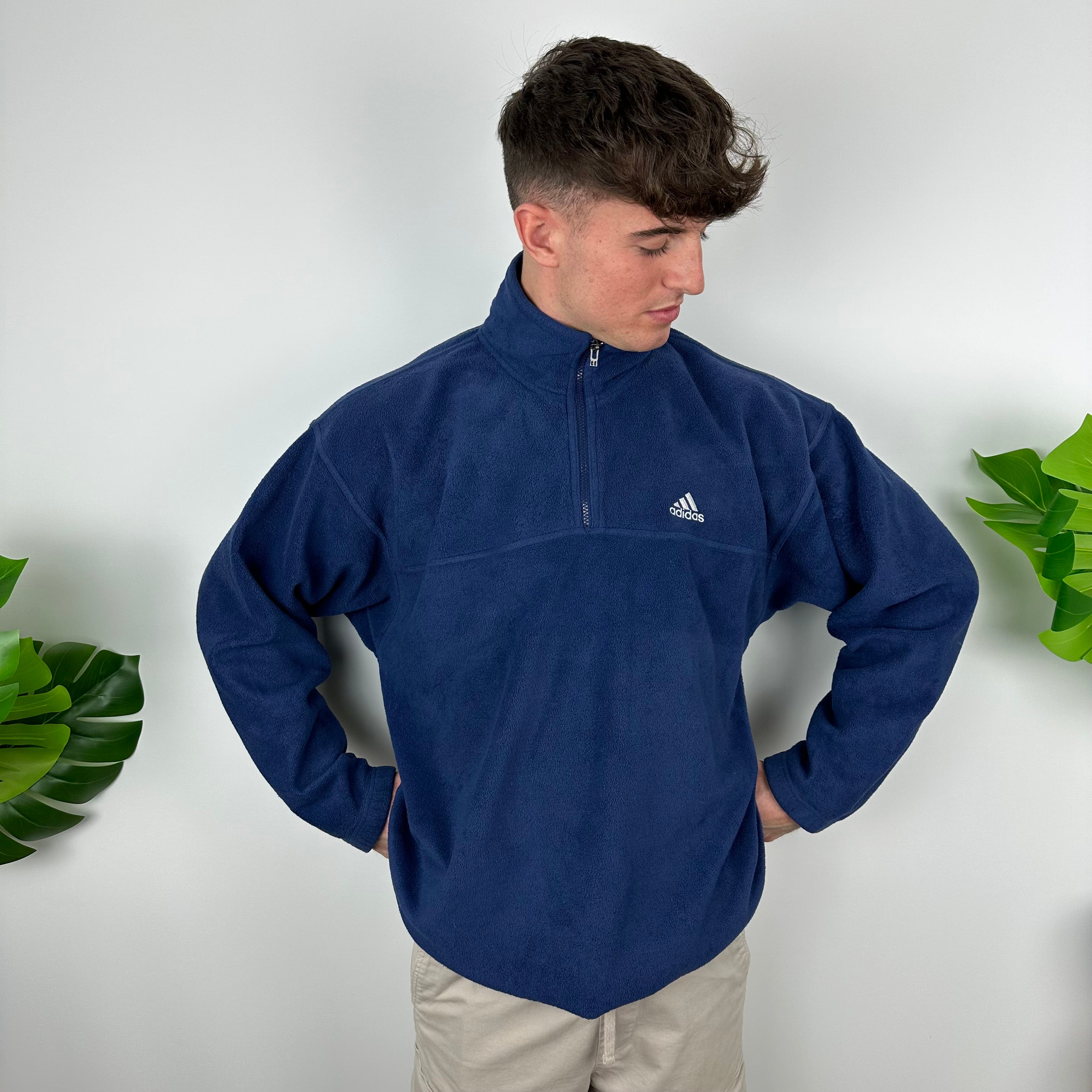 Adidas Navy Embroidered Spell Out Teddy Bear Fleece Quarter Zip Sweatshirt (L)