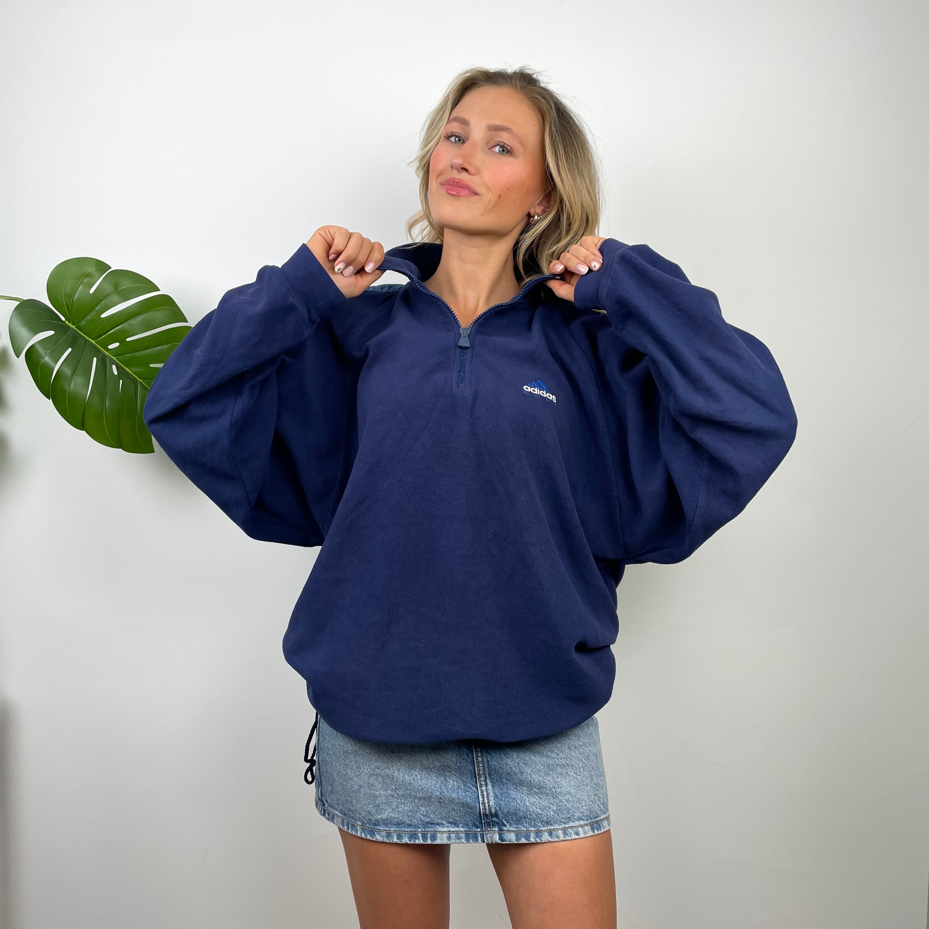 Adidas Navy Embroidered Spell Out Teddy Bear Fleece Quarter Zip Sweatshirt (M)