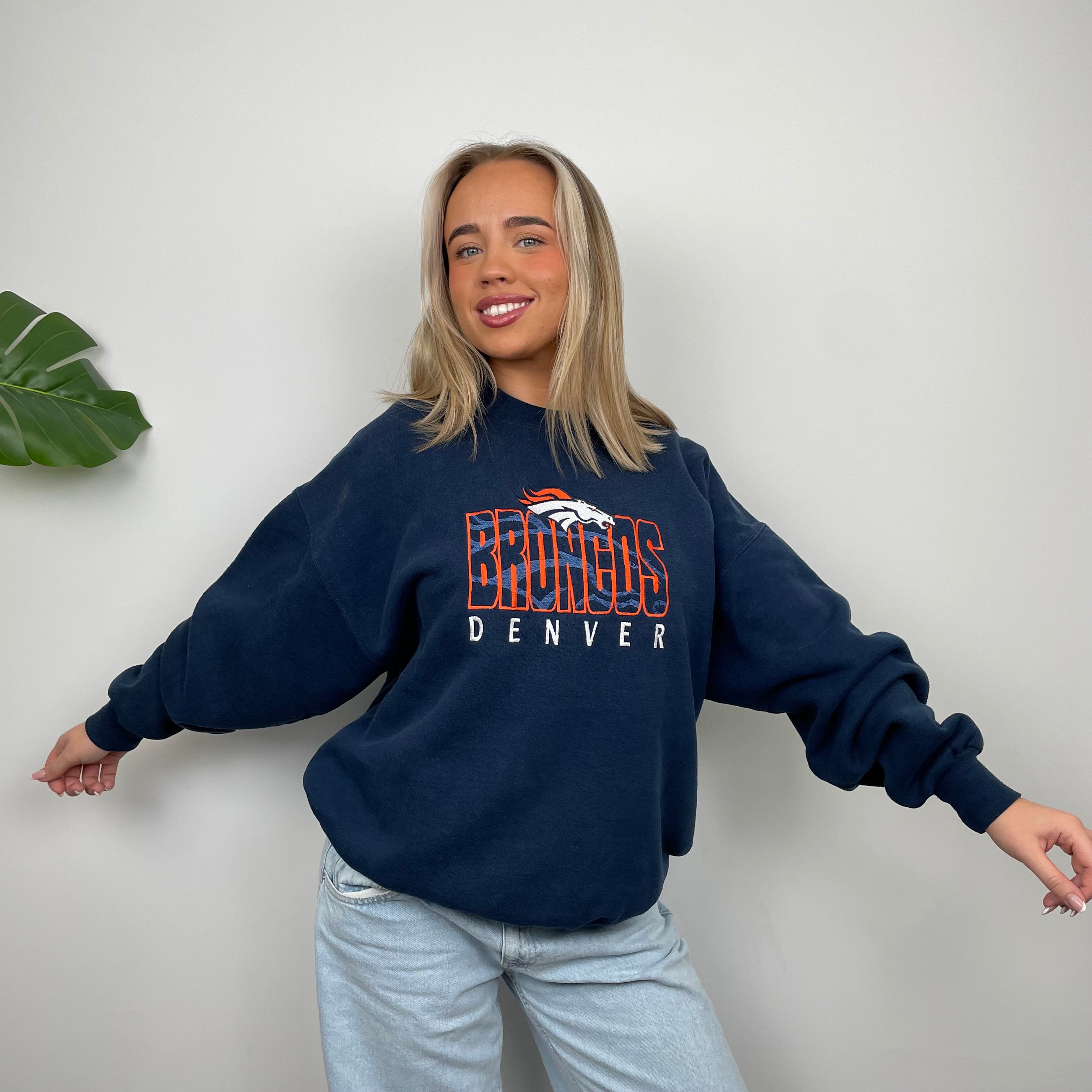 NFL Denver Broncos Navy Embroidered Spell Out Sweatshirt (L)