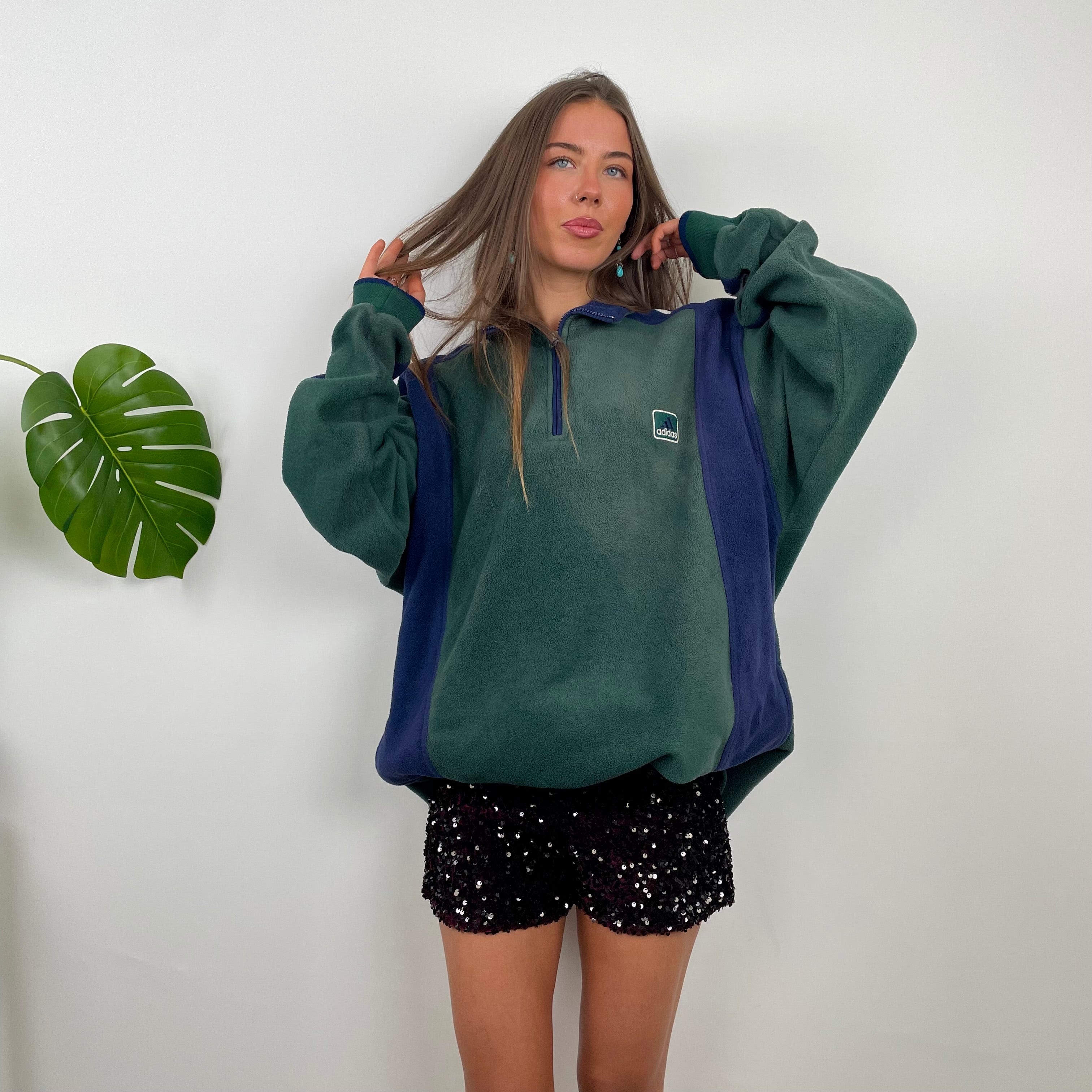 Adidas Green Embroidered Spell Out Fleece Quarter Zip Sweatshirt (XL)