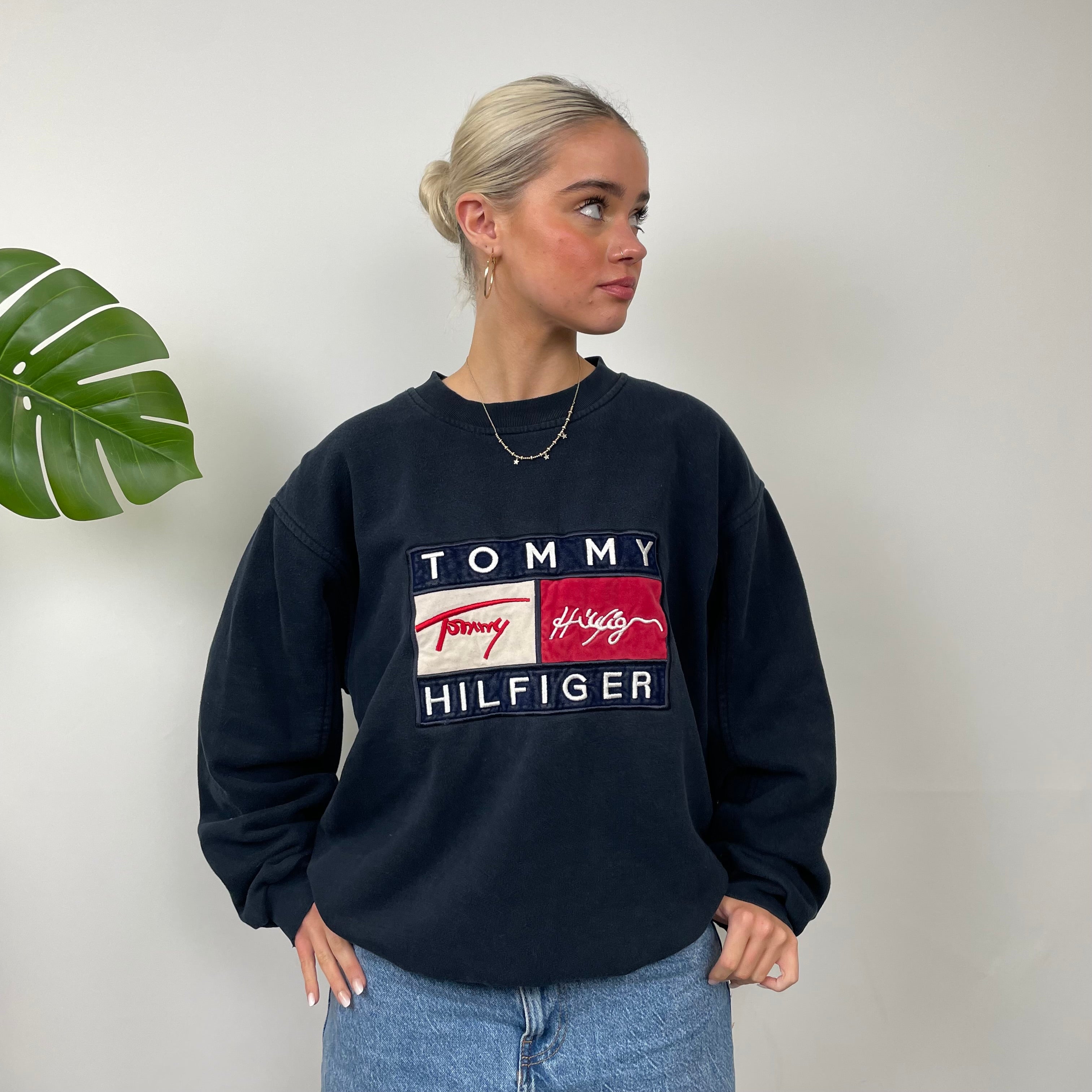 Tommy Hilfiger RARE Navy Embroidered Spell Out Sweatshirt (M)