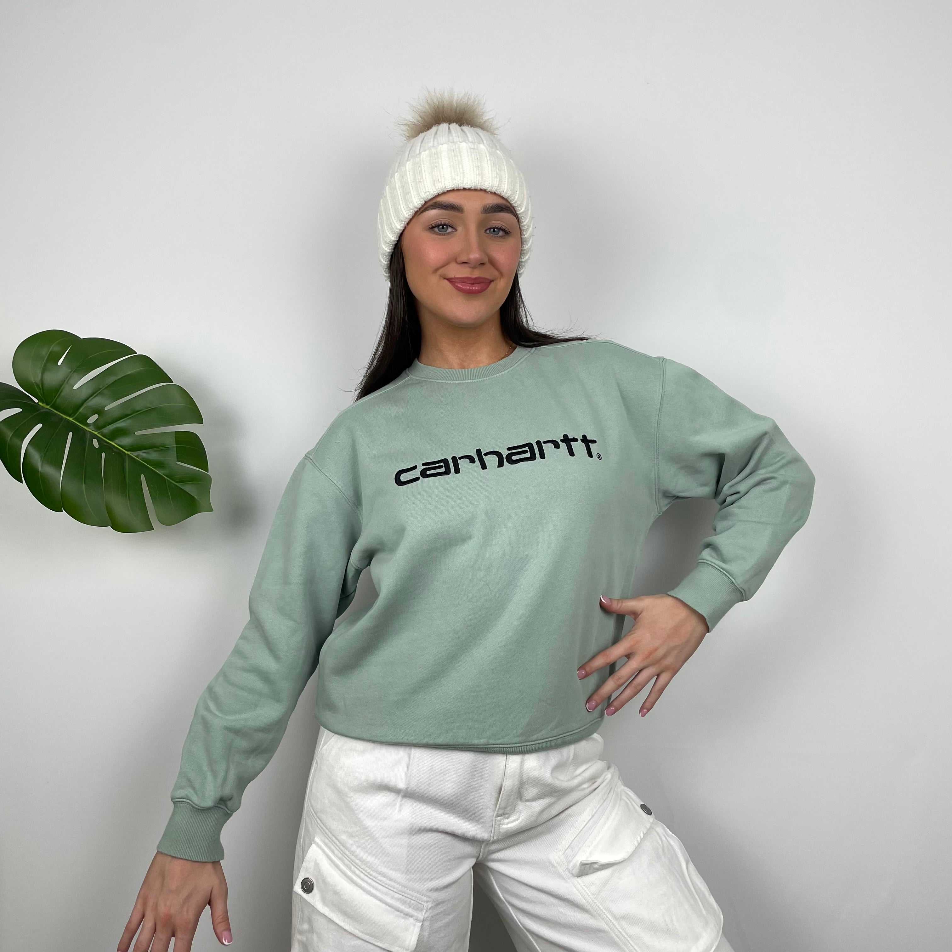 Carhartt RARE Mint Green Embroidered Spell Out Sweatshirt (XS)