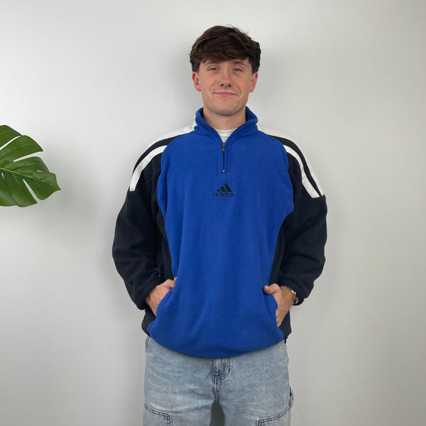 Adidas Blue Colour Block Embroidered Spell Out Teddy Bear Fleece Quarter Zip Sweatshirt (L)
