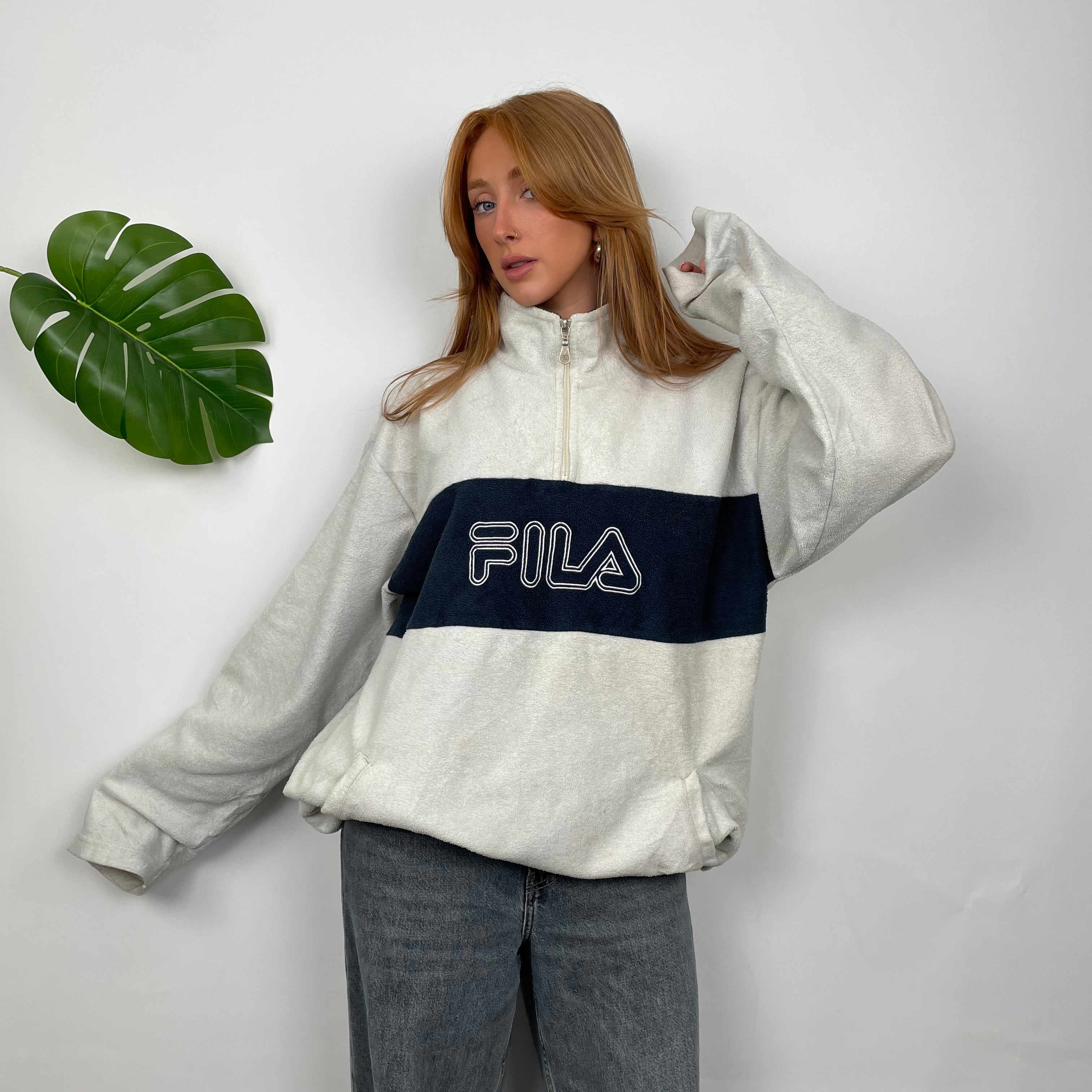 FILA White Embroidered Spell Out Teddy Bear Fleece Quarter Zip Sweatshirt (L)