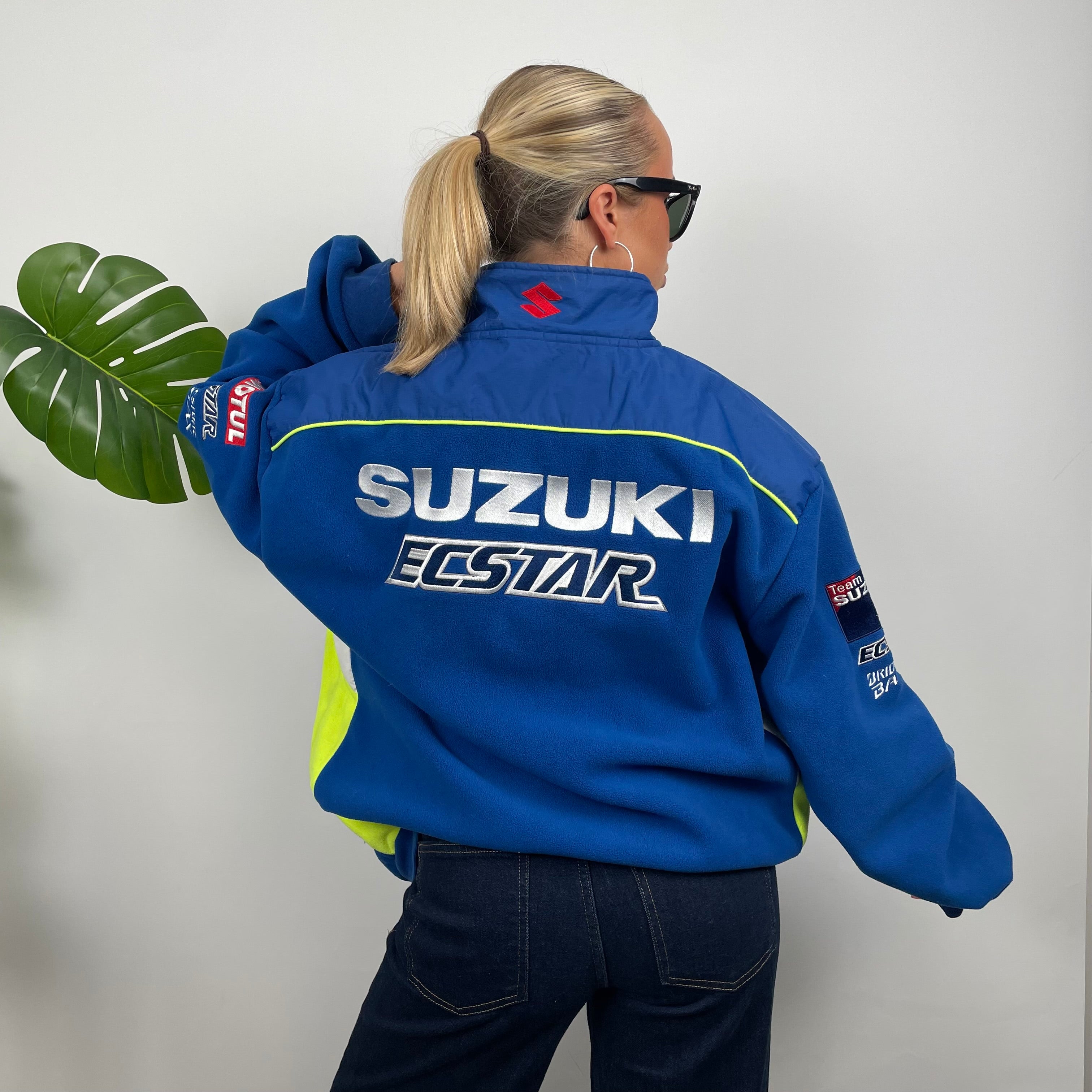 Suzuki Racing Blue Embroidered Spell Out Zip Up Fleece Jacket (XXL)