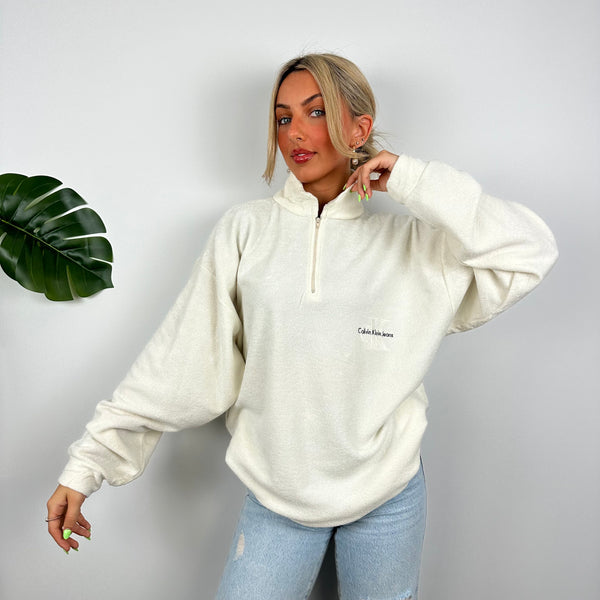 Calvin Klein Cream Embroidered Spell Out Teddy Bear Fleece Quarter Zip Sweatshirt (XL)