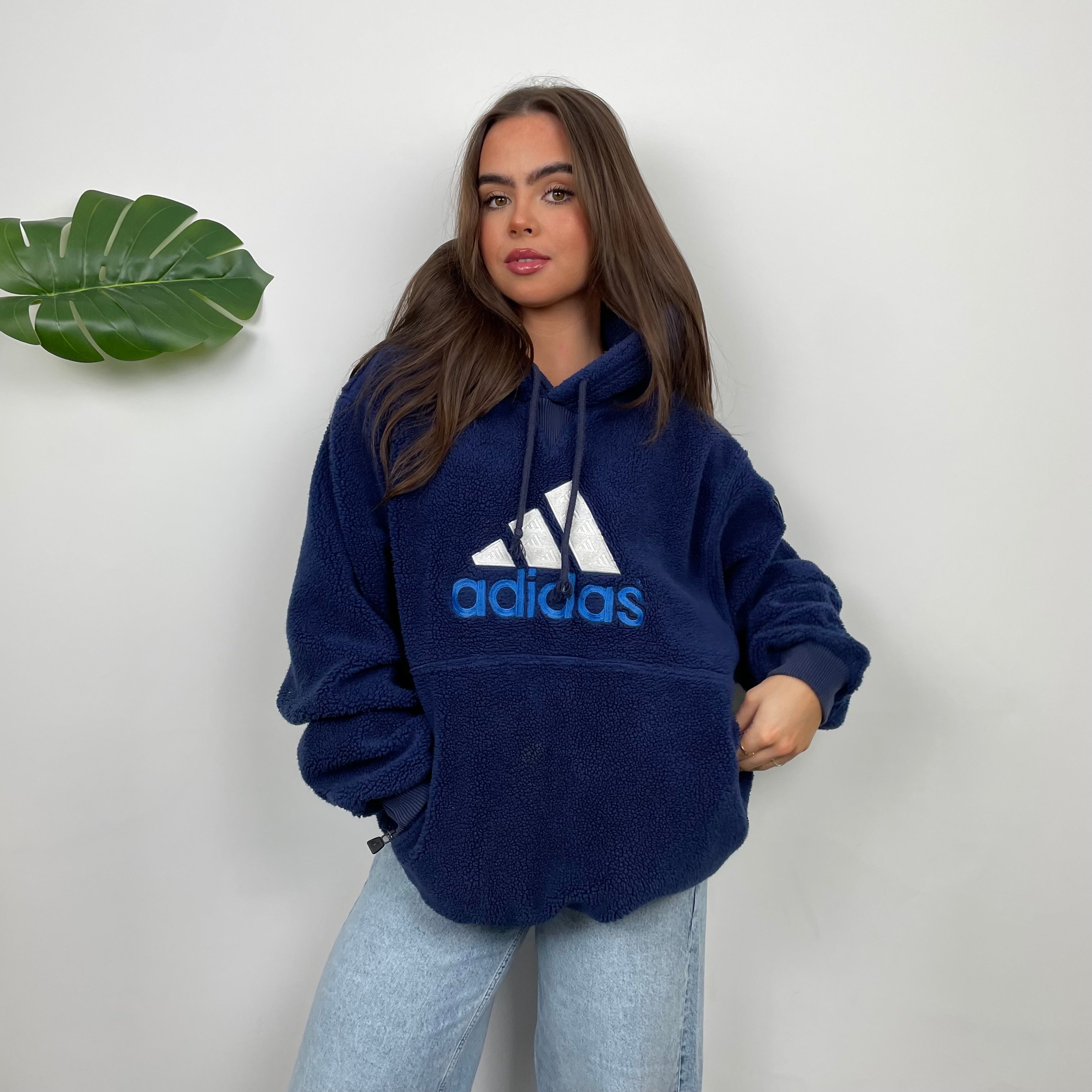 Adidas RARE Navy Embroidered Spell Out Teddy Bear Sherpa Fleece Hoodie (L)