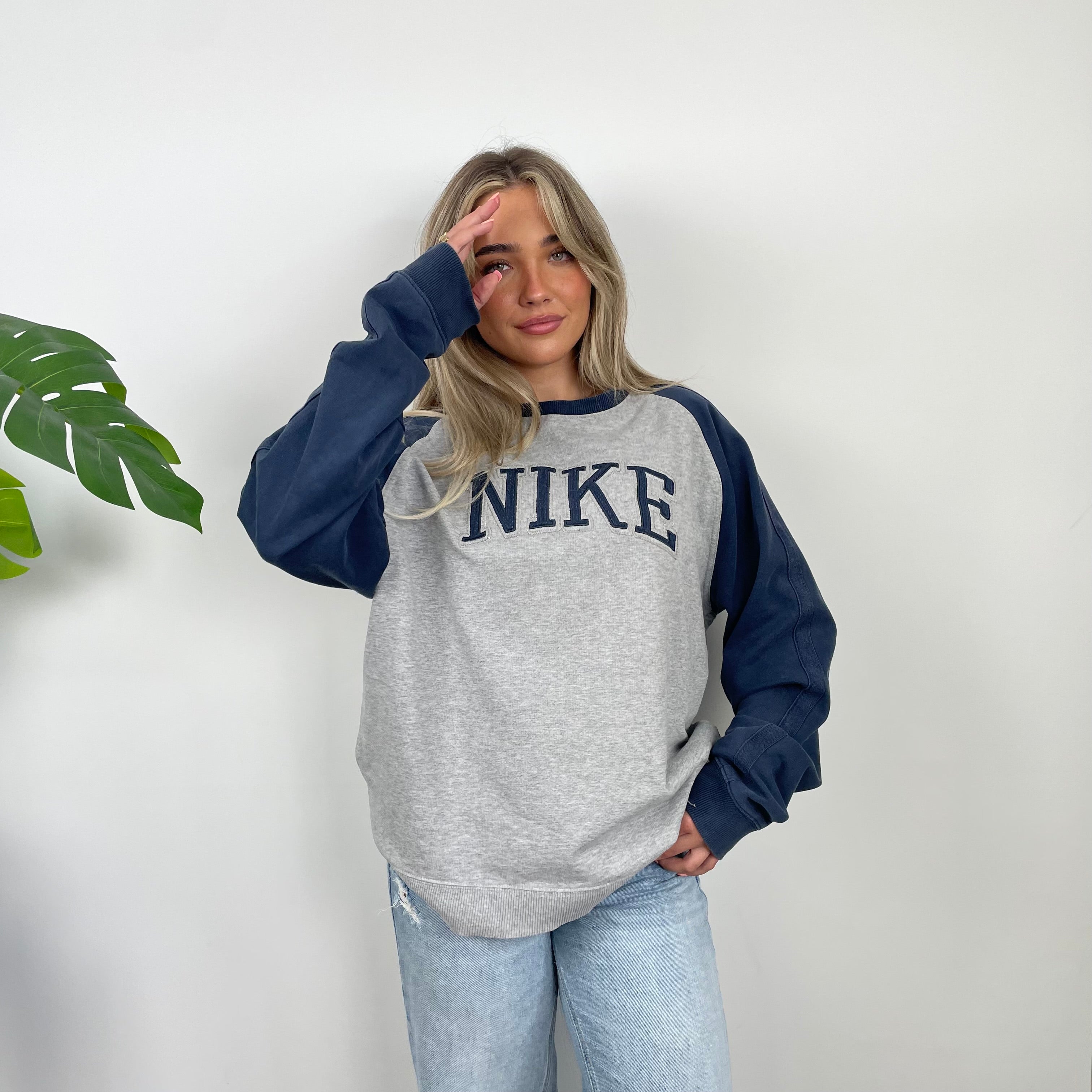 Nike Grey and Navy Embroidered Spell Out Sweatshirt (L)