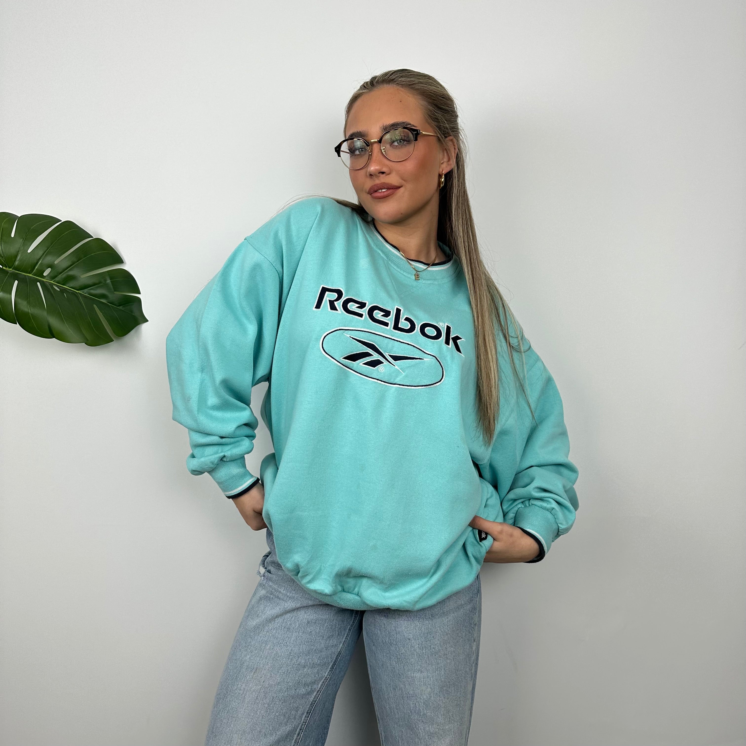 Reebok Turquoise Blue Embroidered Spell Out Sweatshirt (L)