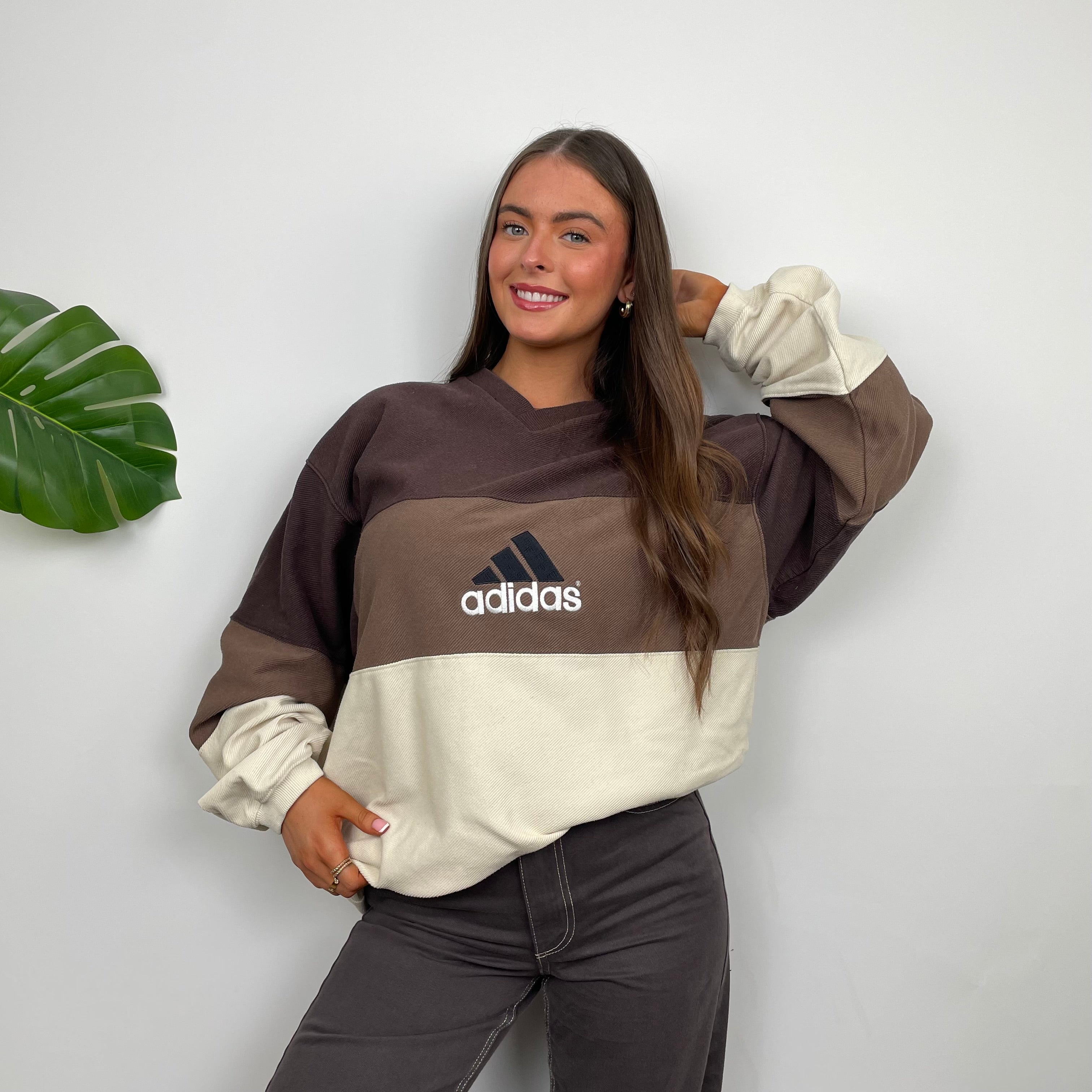 Adidas RARE Cream & Brown Colour Block Embroidered Spell Out Sweatshirt (XL)