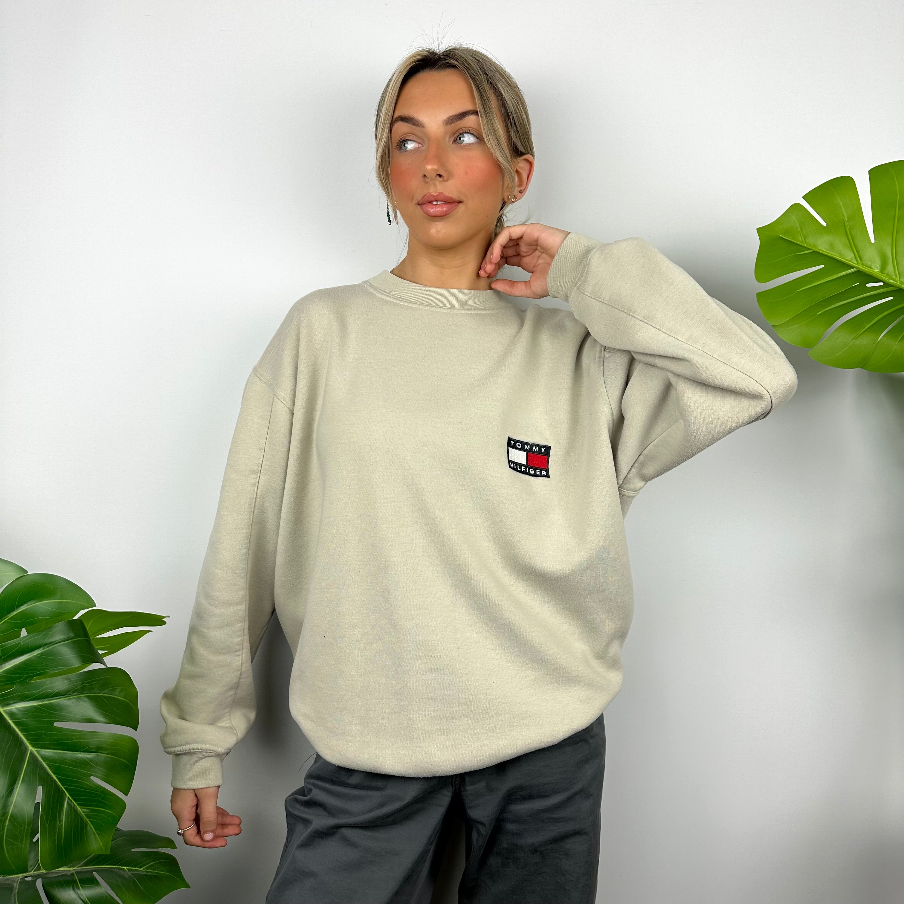 Tommy Hilfiger Beige Embroidered Spell Out Sweatshirt (XL)