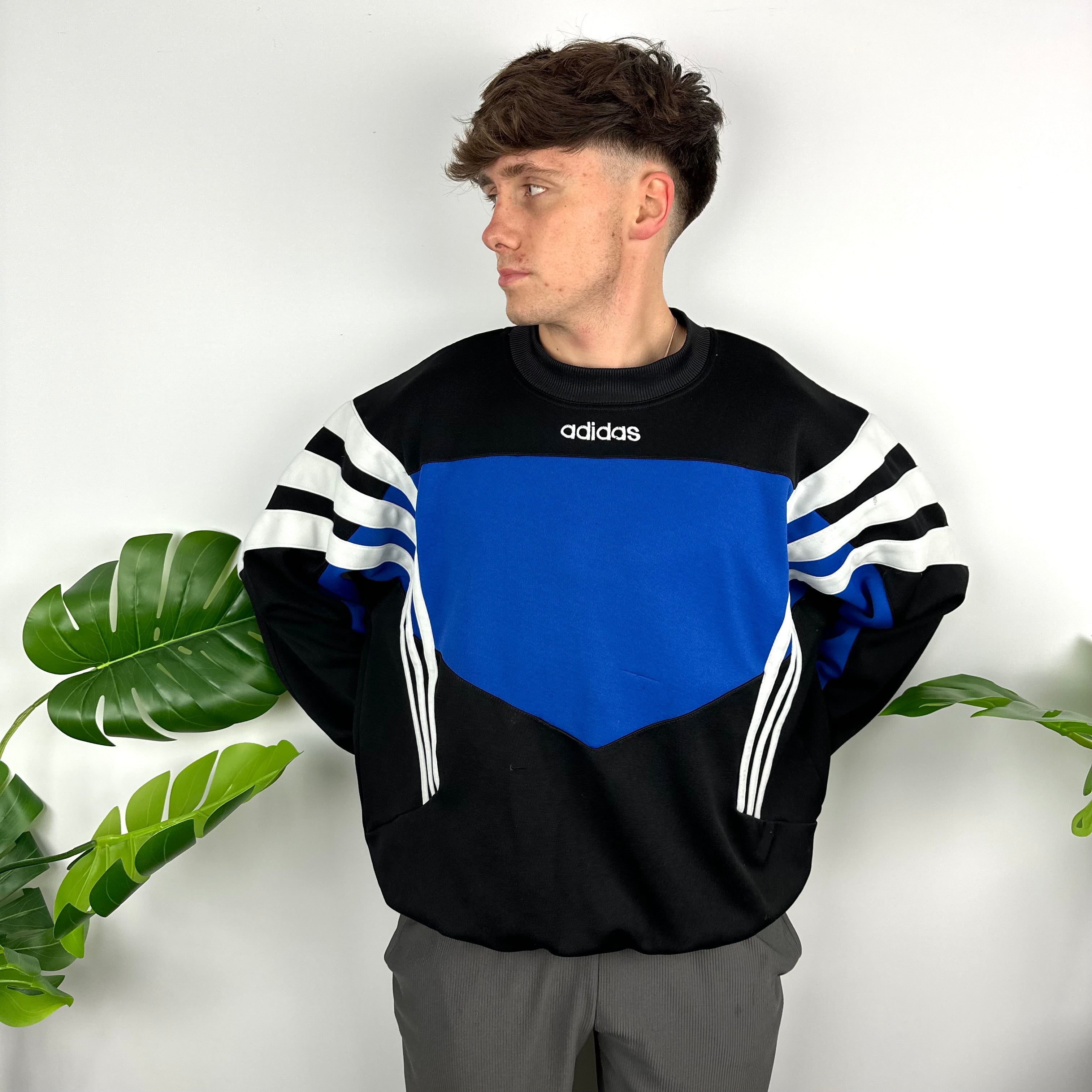 Adidas Black & Blue Embroidered Spell Out Colour Block Sweatshirt (L)