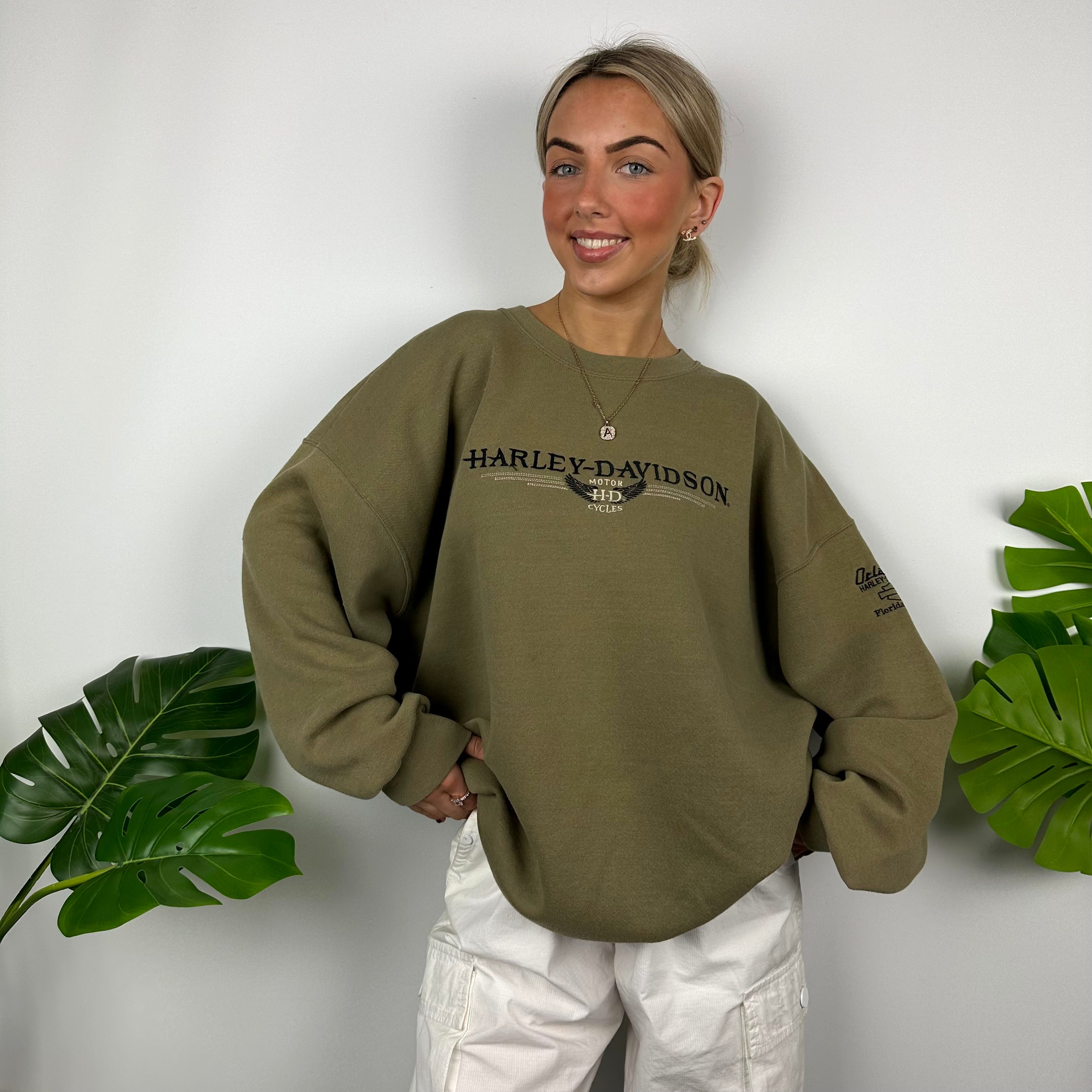 Harley Davidson Khaki Green Embroidered Spell Out Sweatshirt (XL)