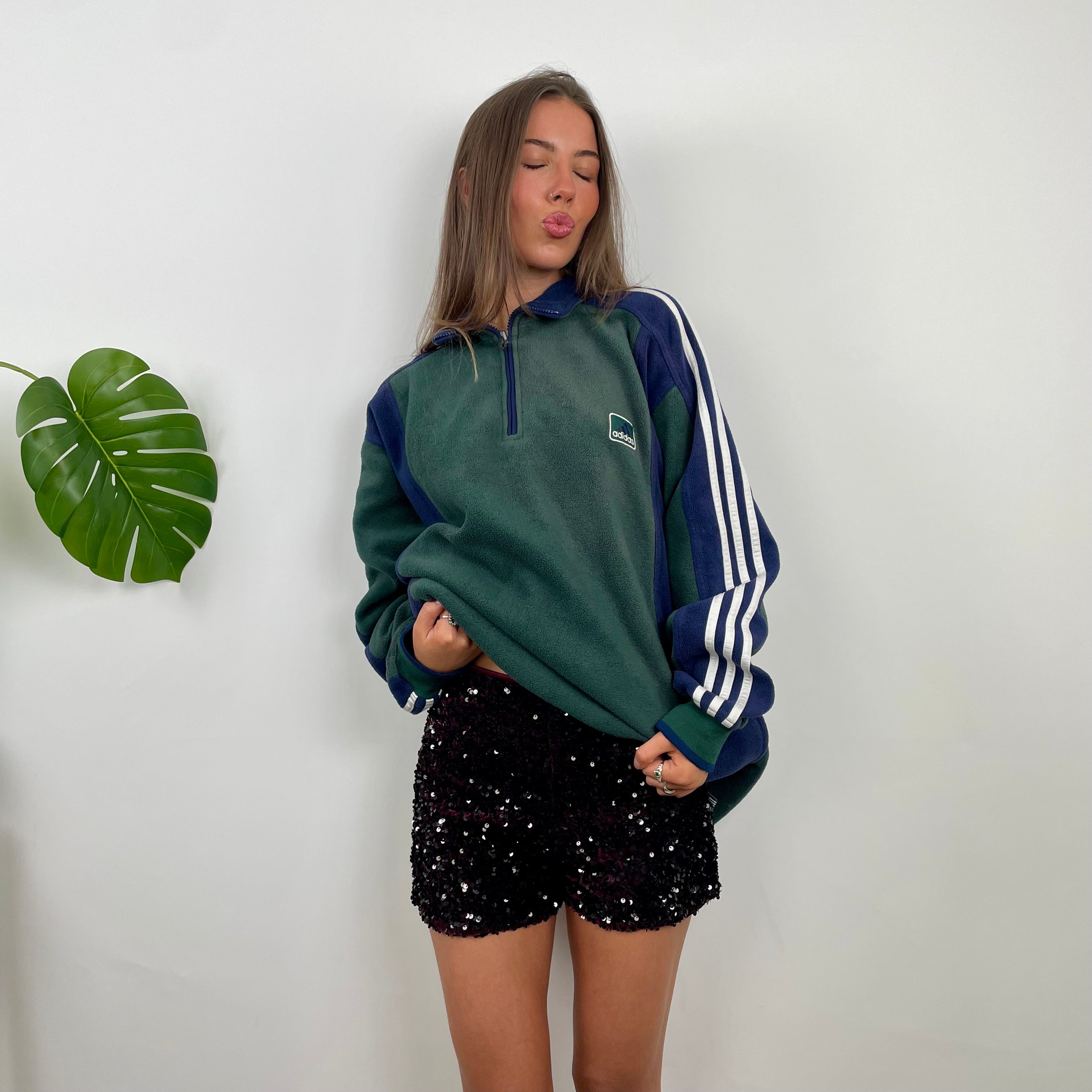 Adidas Green Embroidered Spell Out Fleece Quarter Zip Sweatshirt (XL)