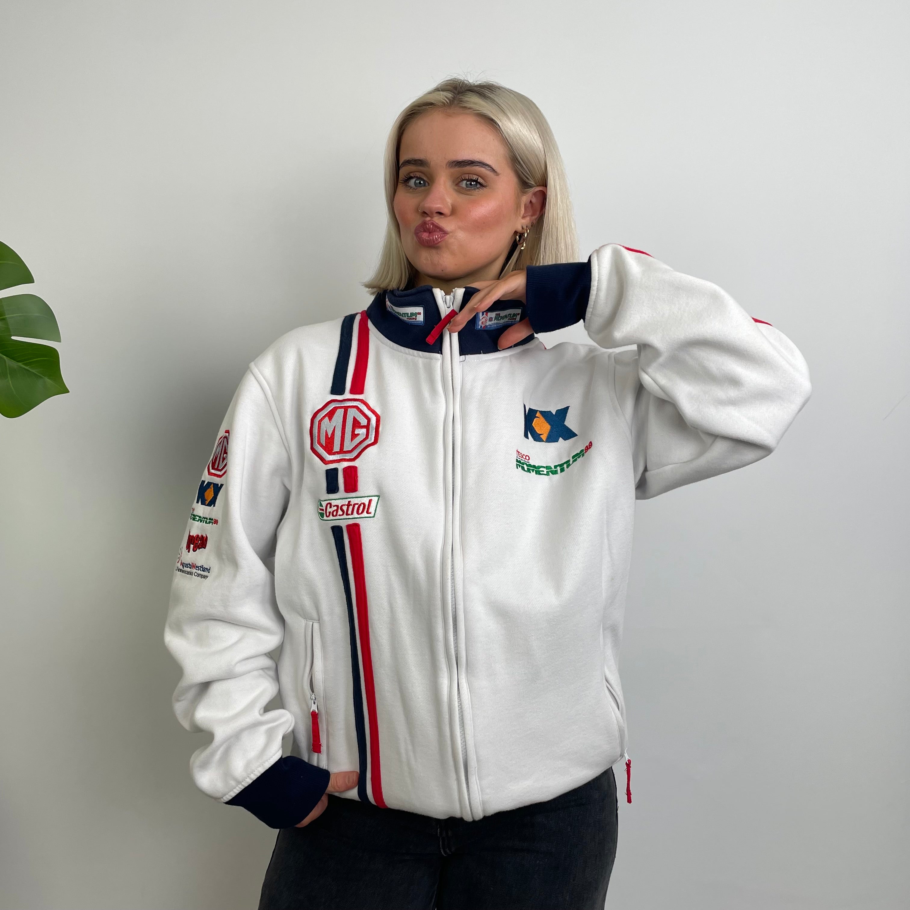 MG Racing White Embroidered Spell Out Zip Up Jacket (L)