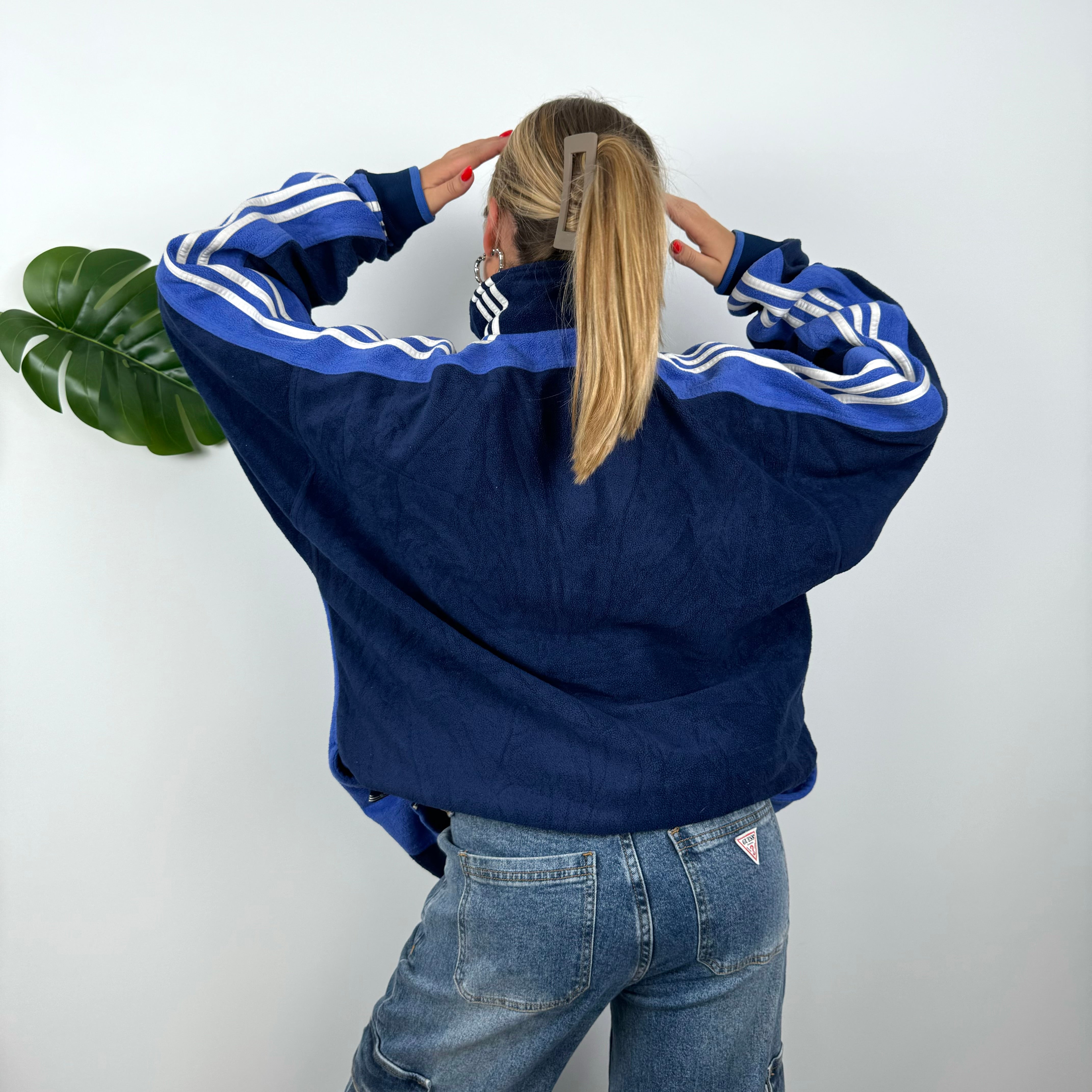 Adidas Navy Embroidered Spell Out Teddy Bear Fleece Quarter Zip Sweatshirt (XXL)