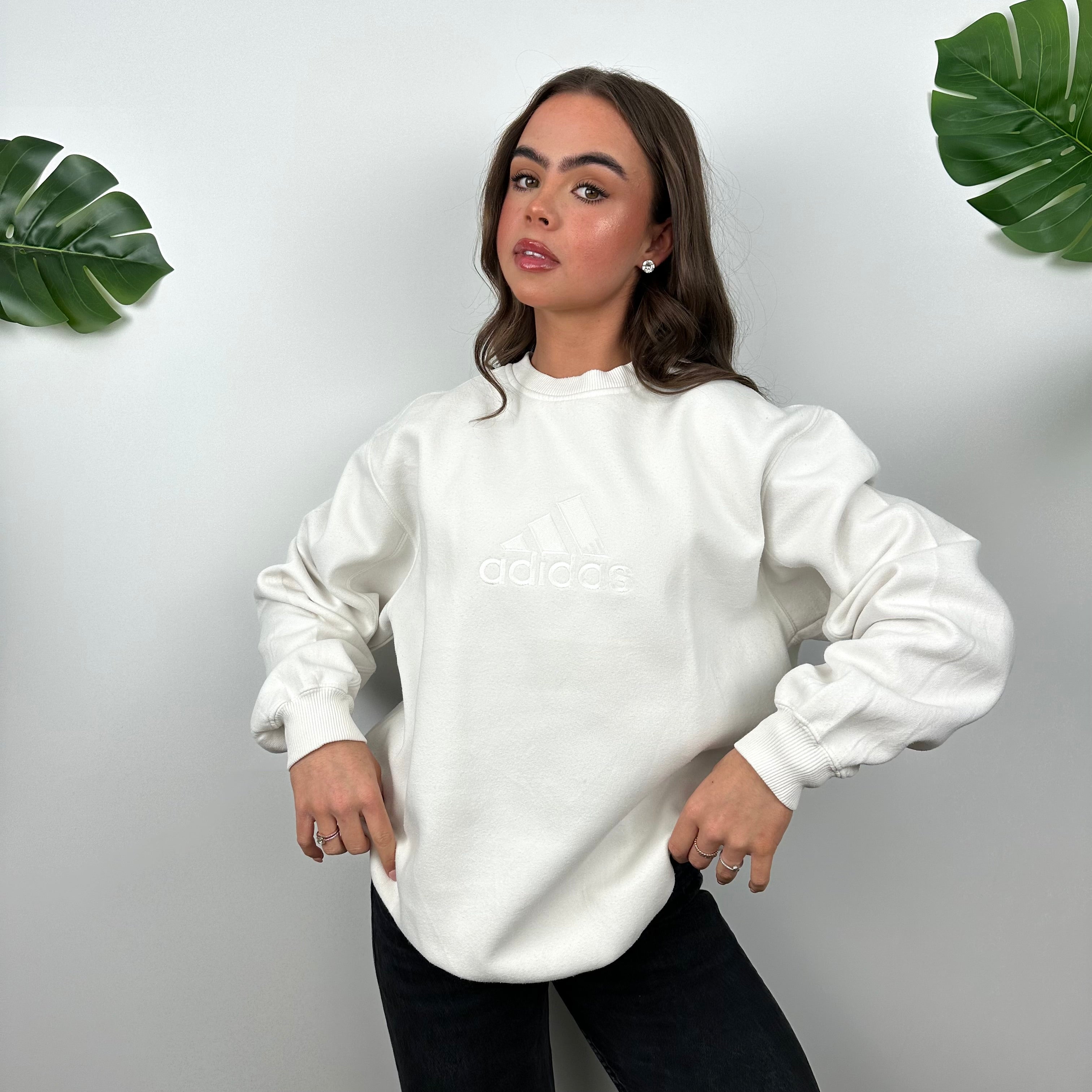 Adidas White Embroidered Spell Out Sweatshirt (M)