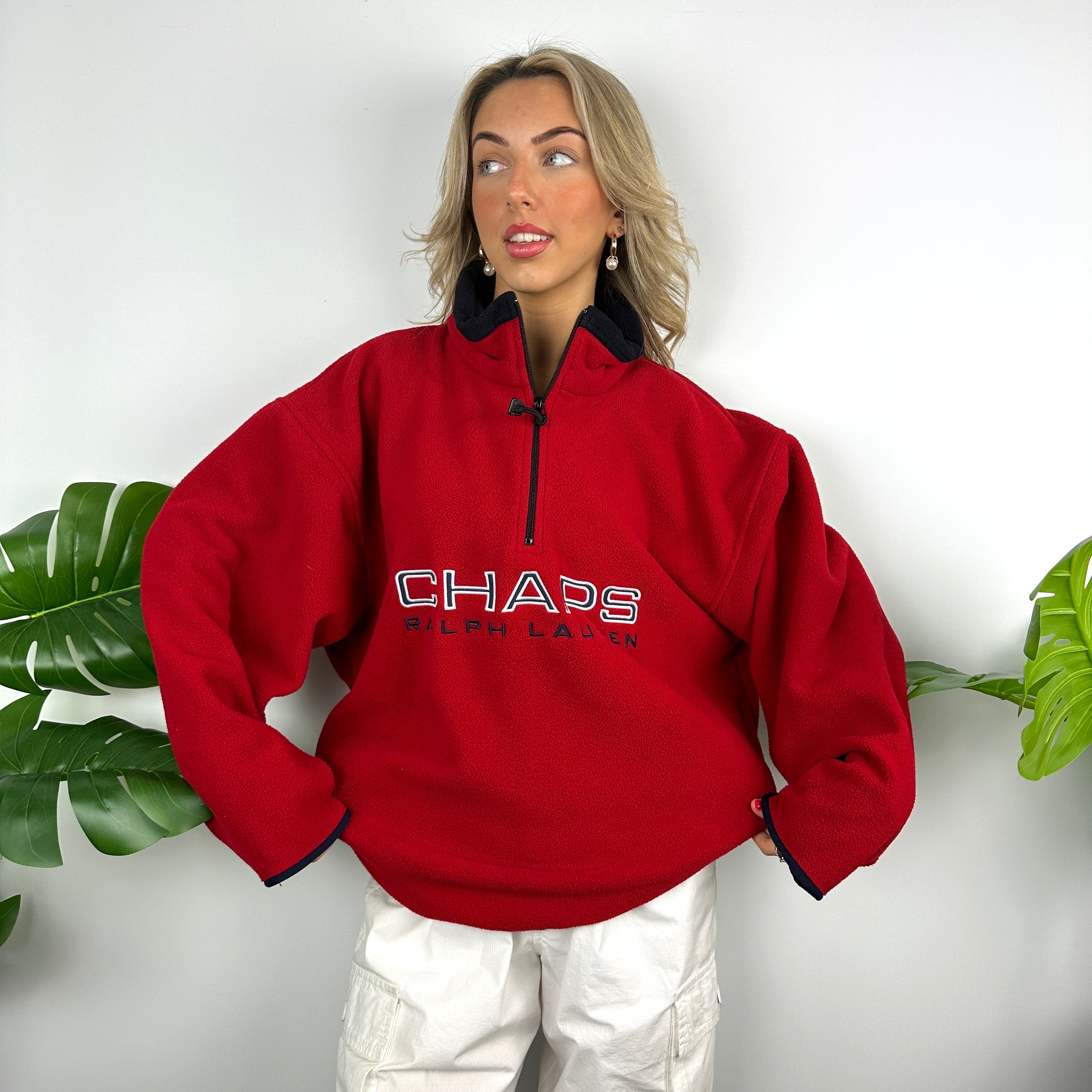 Chaps Ralph Lauren Red Embroidered Spell Out Teddy Bear Fleece Quarter Zip Sweatshirt (L)