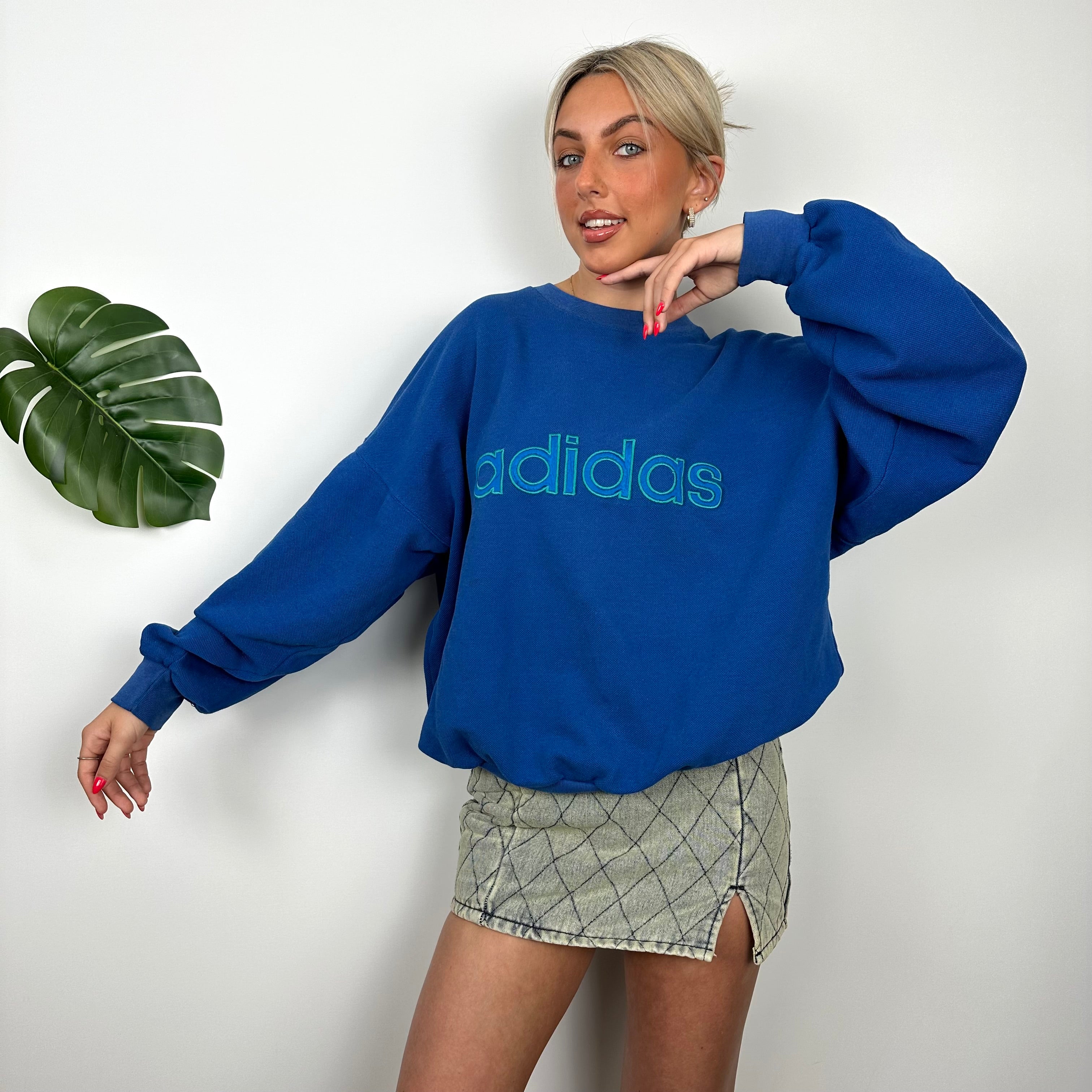 Adidas Blue Embroidered Spell Out Sweatshirt (M)