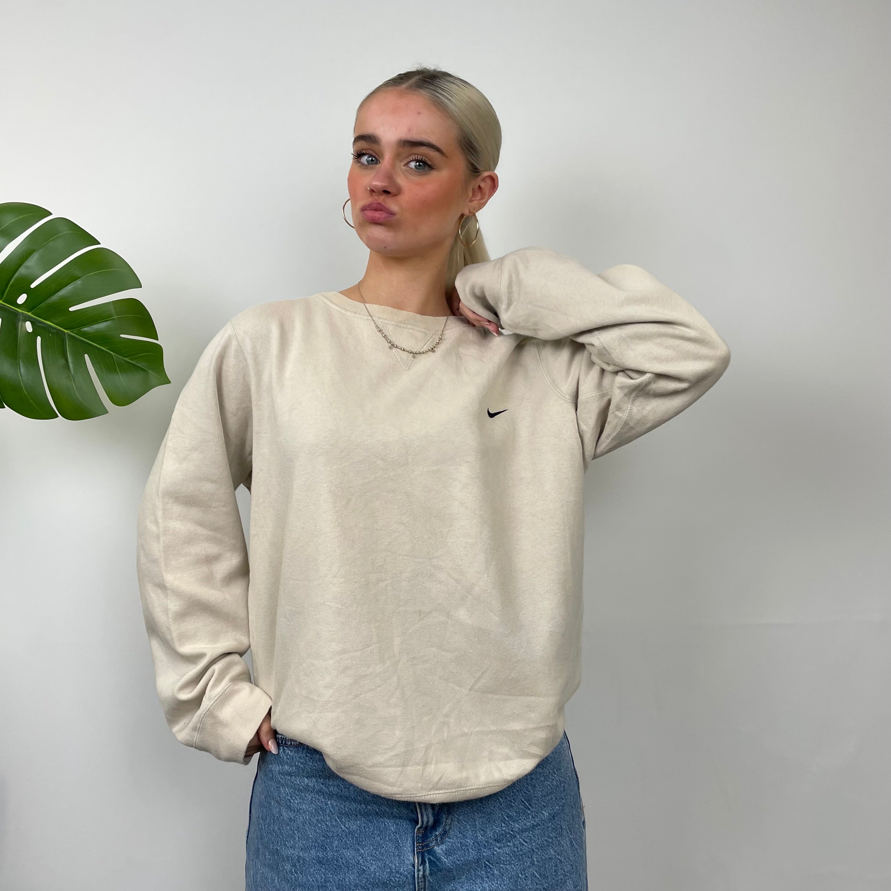 Nike RARE Cream Embroidered Swoosh Sweatshirt as worn by Olivia Neill Jamie Online Vintage