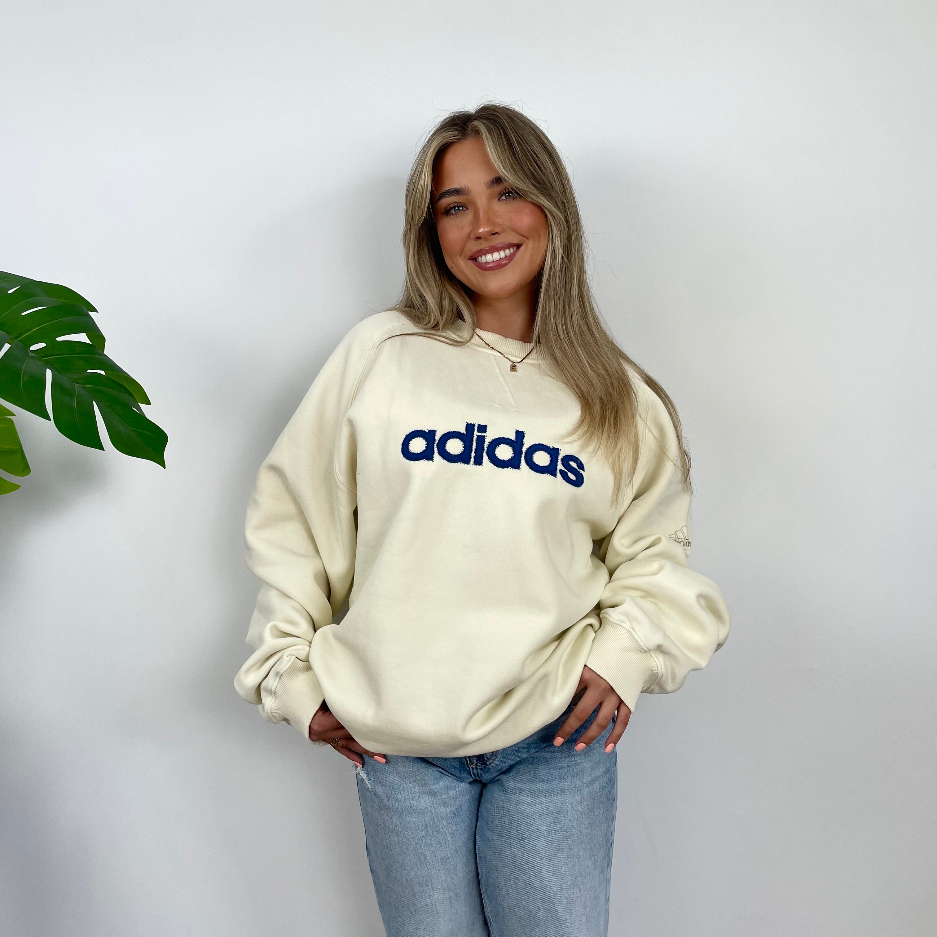 Adidas Cream Embroidered Spell Out Sweatshirt (XL)