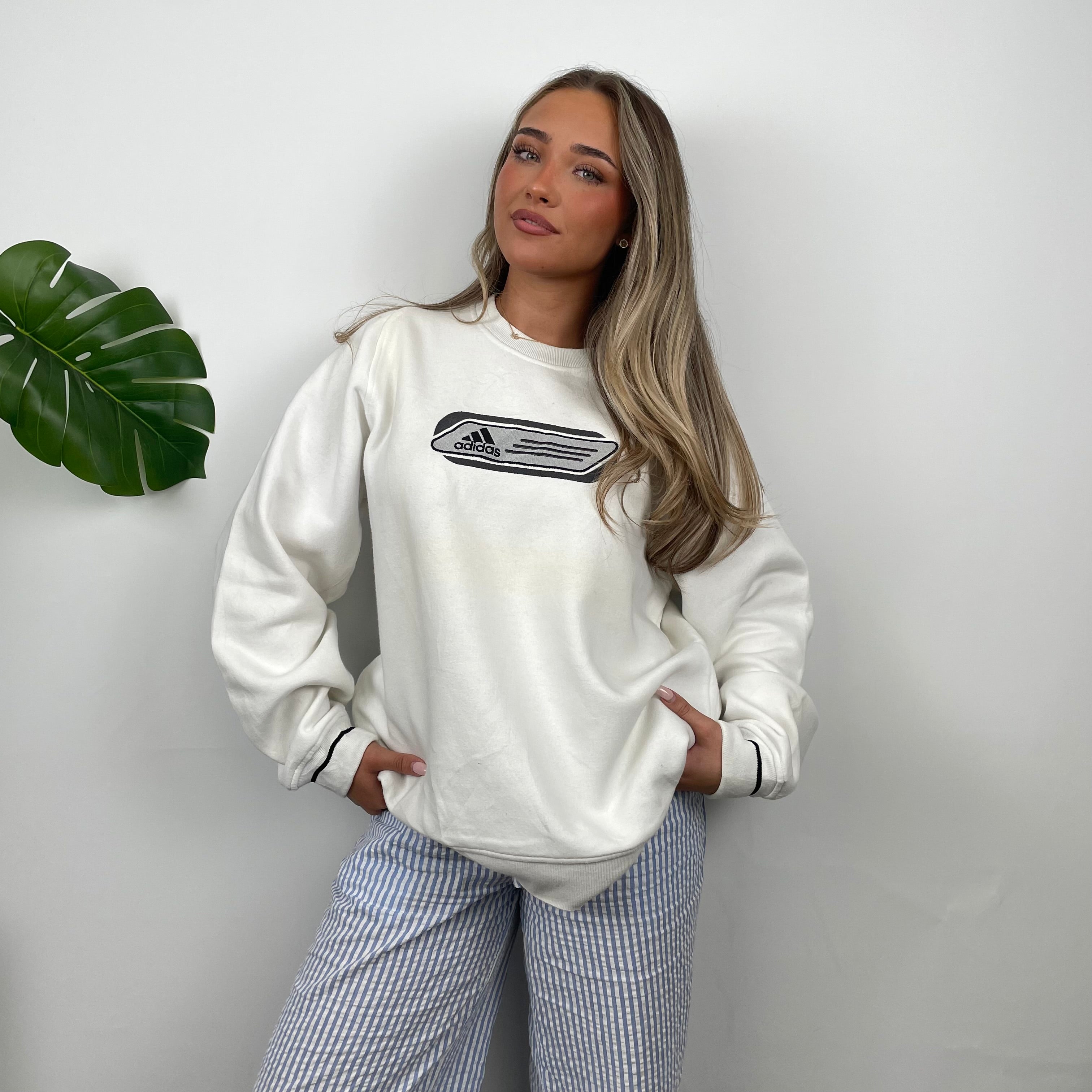 Adidas White Embroidered Spell Out Sweatshirt (M)