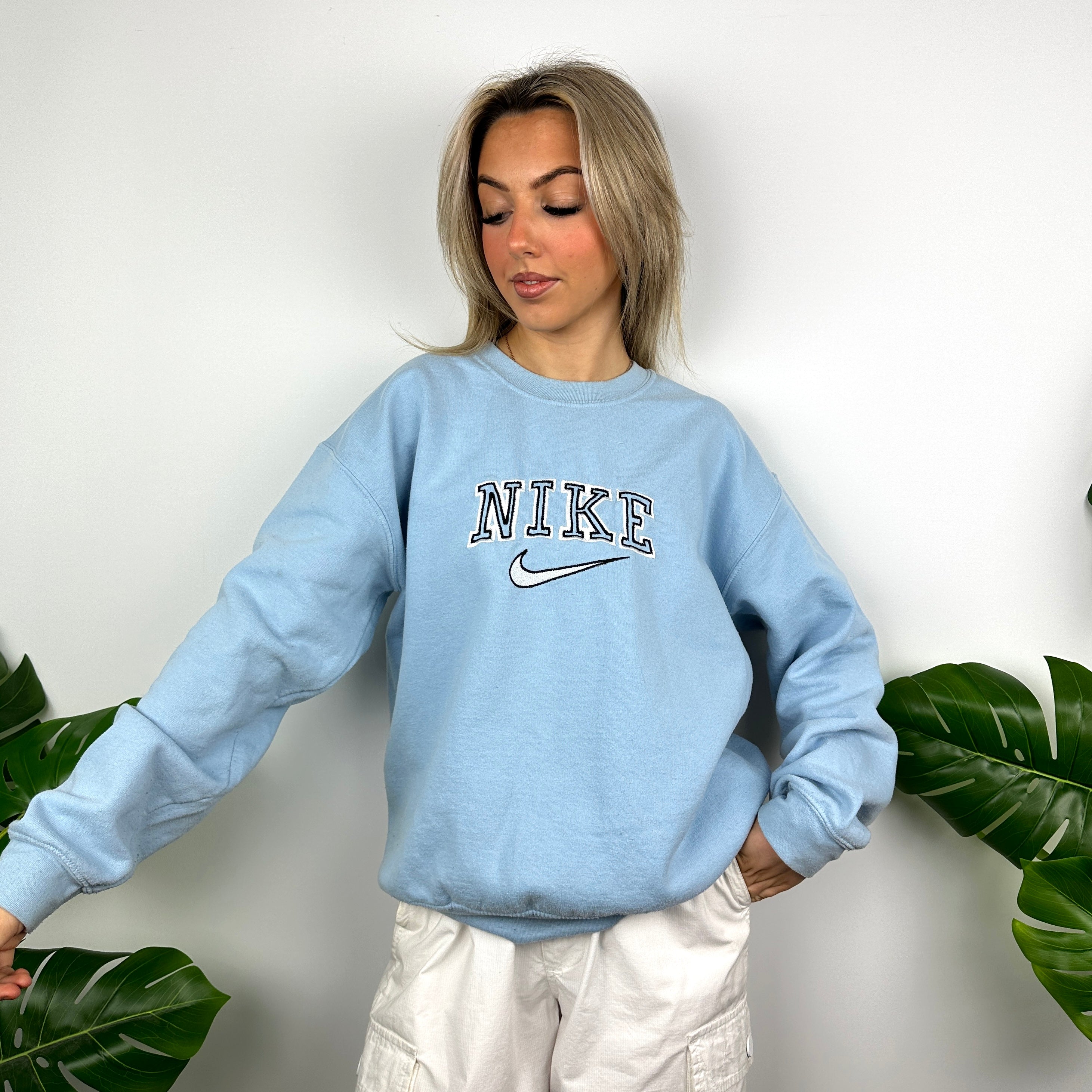 Nike Baby Blue Embroidered Spell Out Sweatshirt M Jamie Online Vintage