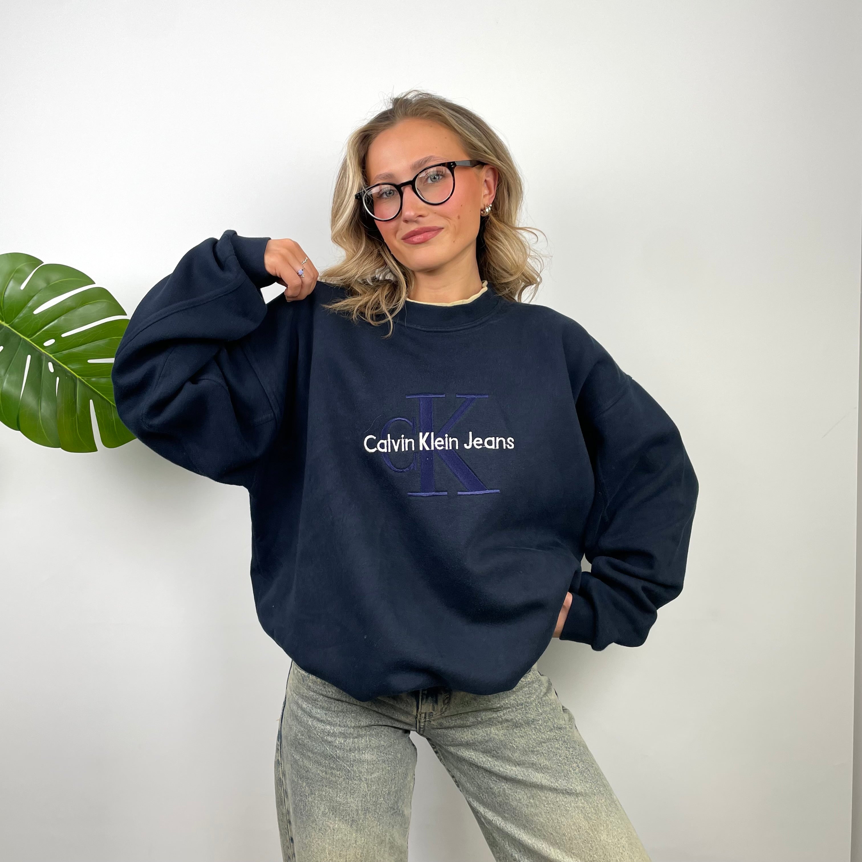 Calvin Klein Navy Embroidered Spell Out Sweatshirt (XXL)