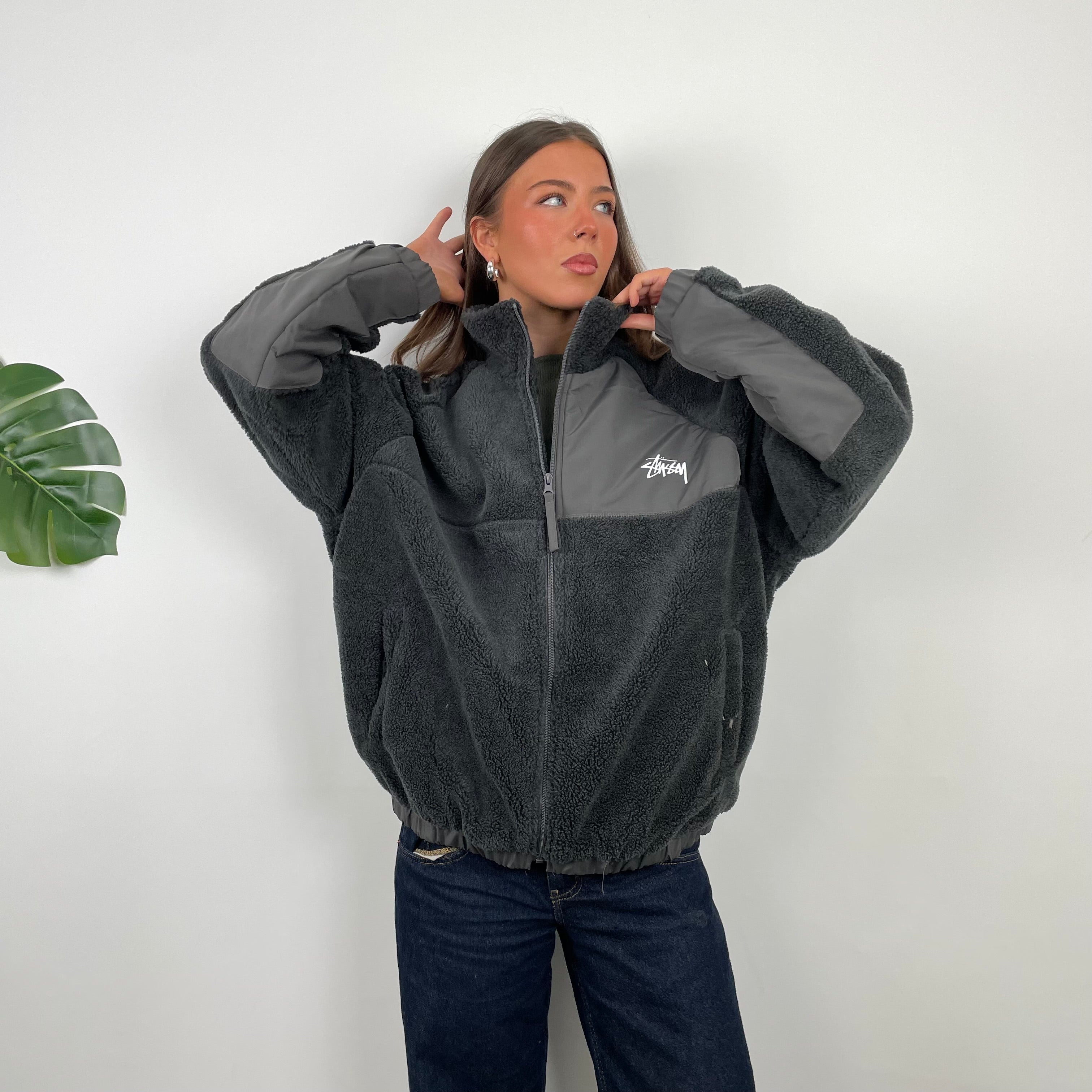 Stussy Black Teddy Bear Sherpa Fleece Zip Up Jacket (M)