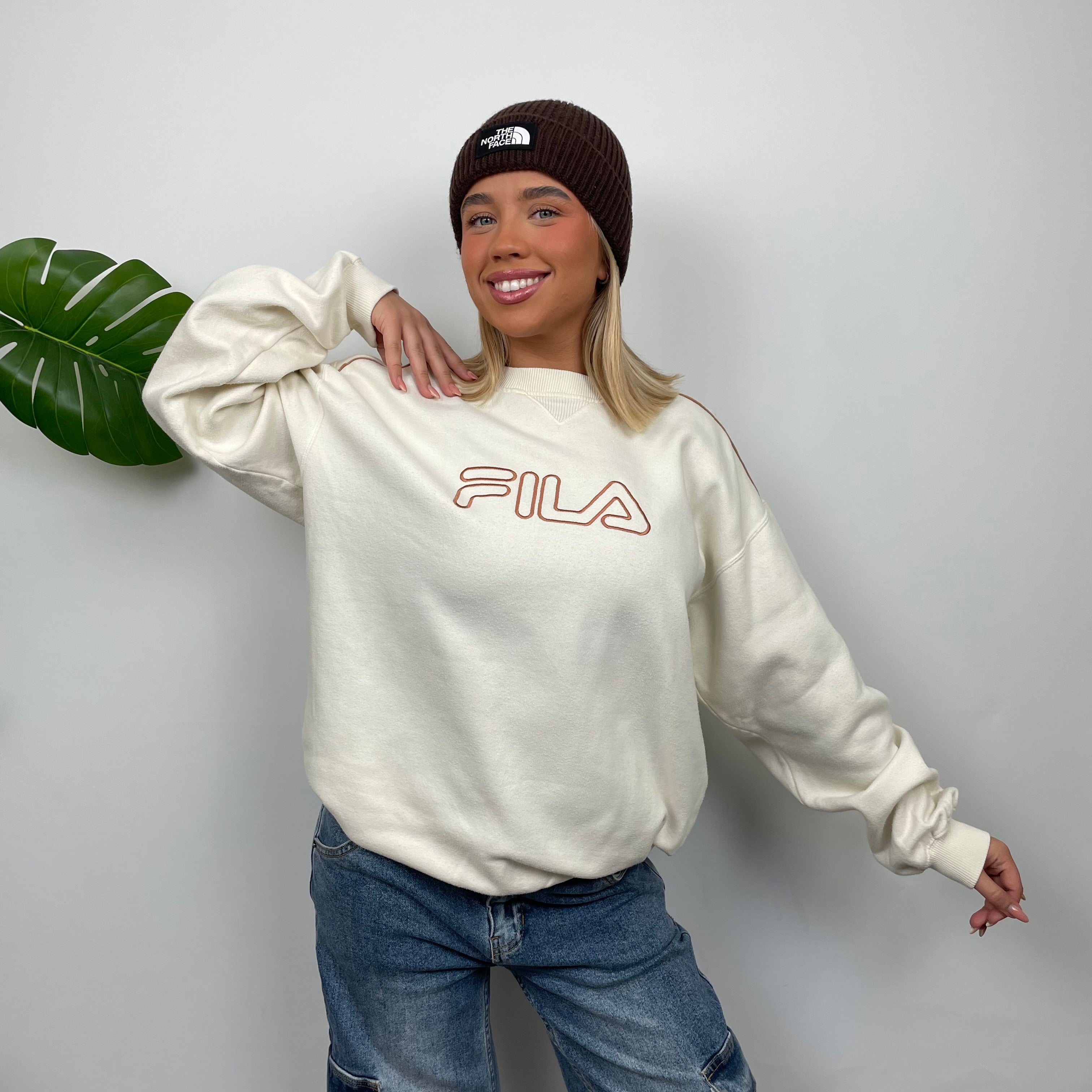 FILA Cream Embroidered Spell Out Sweatshirt (L)