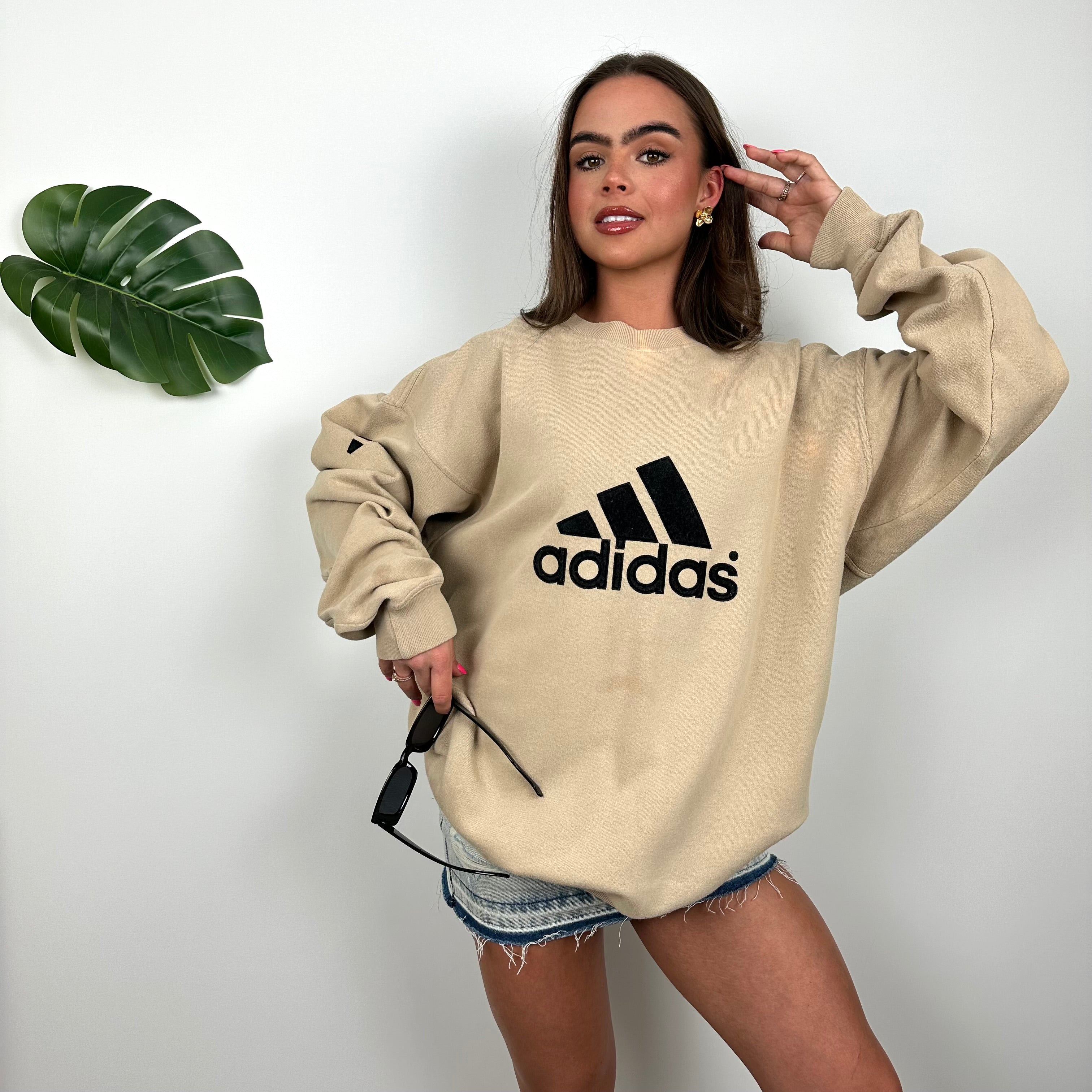 Adidas Beige Embroidered Spell Out Sweatshirt (XL)