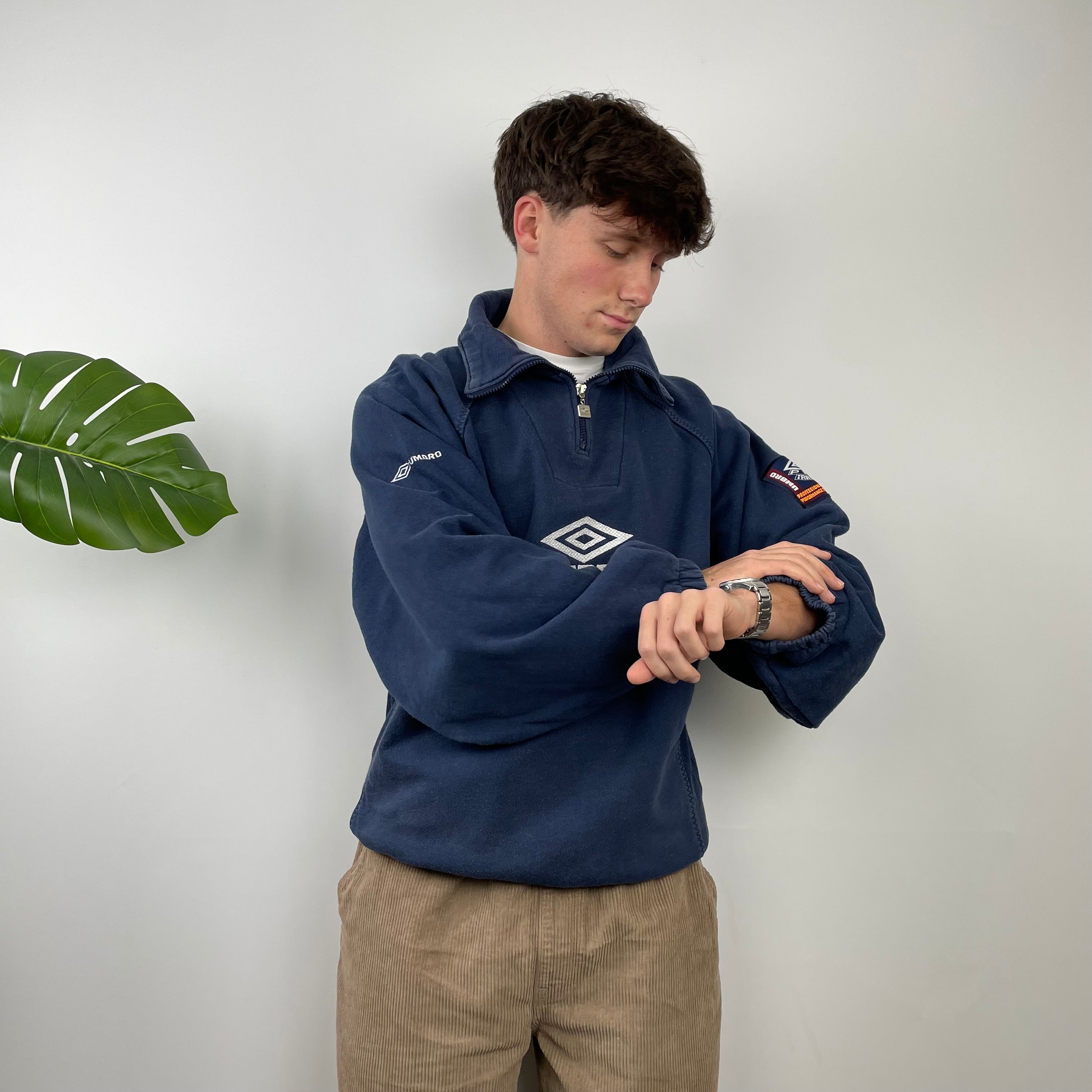 Umbro RARE Navy Embroidered Spell Out Quarter Zip Sweatshirt (L)