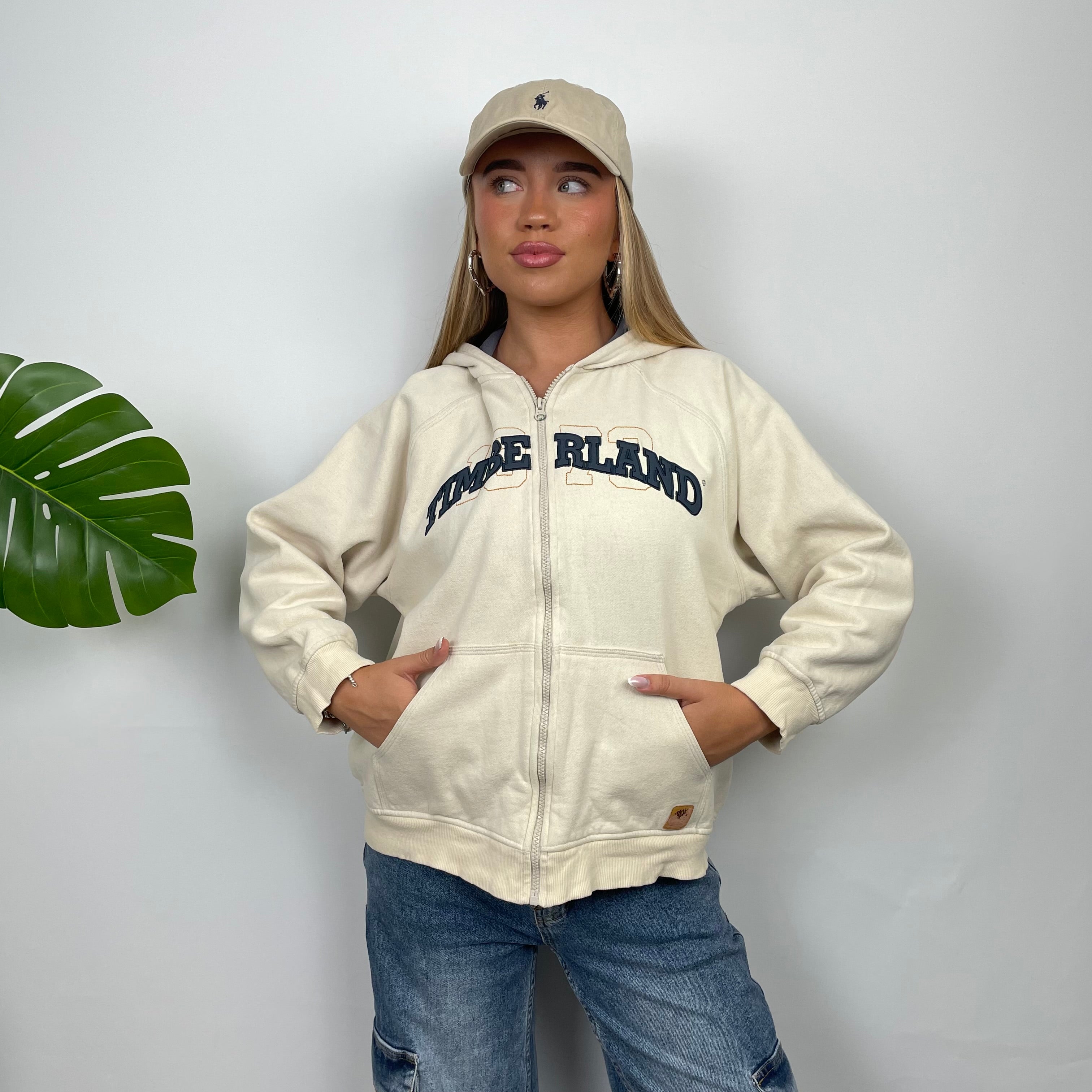 Timberland Cream Embroidered Spell Out Zip Up Sweatshirt (S)